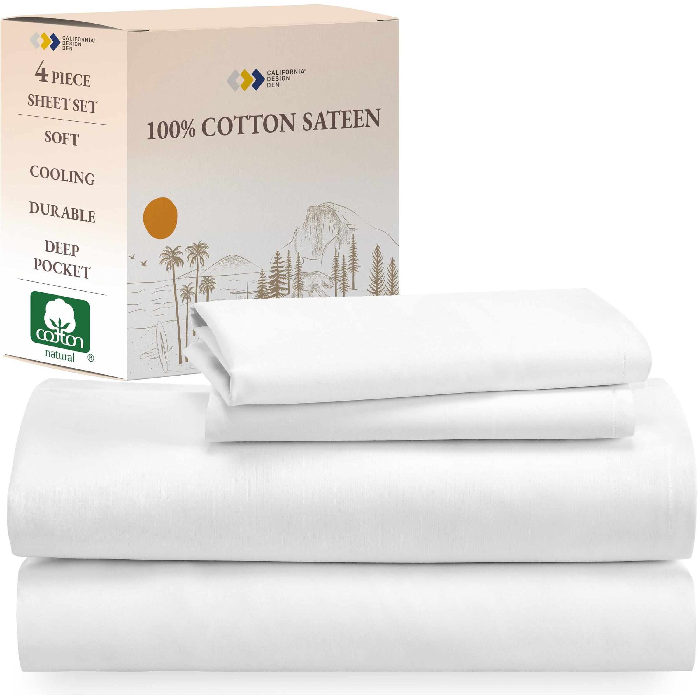 California Design Den Soft 100% Cotton Sheets King Size Bed Sheets Set With Deep Pockets, 4 Piece King Bedding Set For White Sheets, Cooling Sheets With Sateen Weave (White)