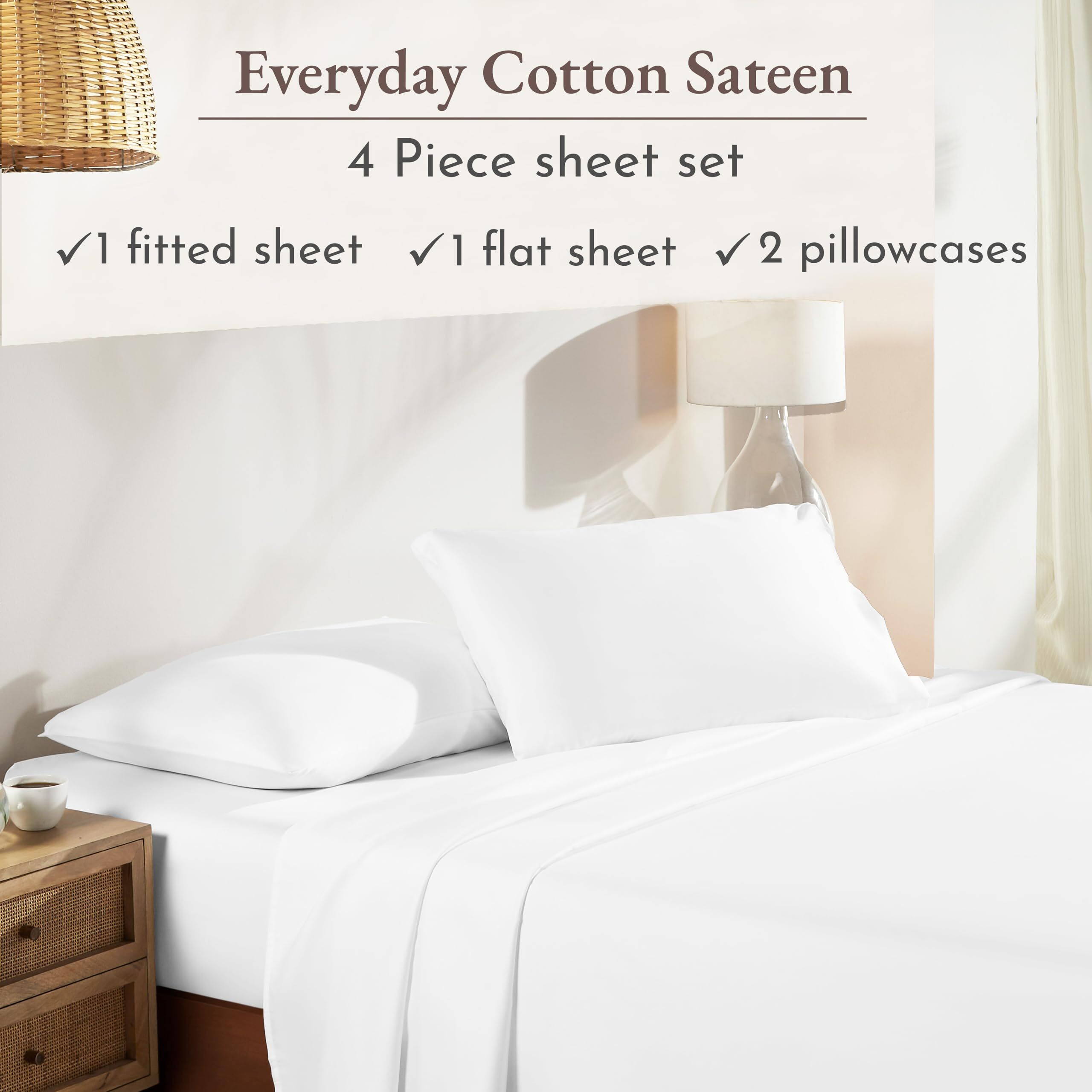 California Design Den Soft 100% Cotton Sheets King Size Bed Sheets Set With Deep Pockets, 4 Piece King Bedding Set For White Sheets, Cooling Sheets With Sateen Weave (White)
