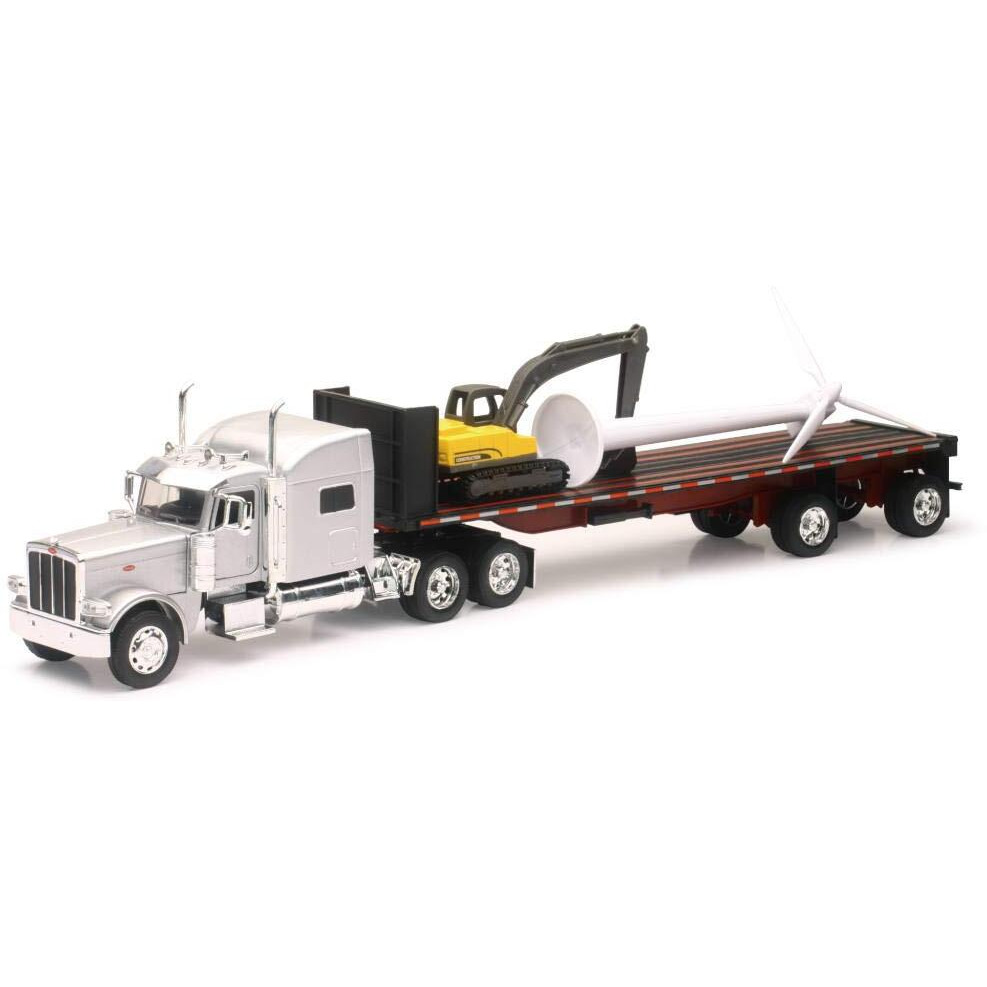 Peterbilt 389 Truck With Flatbed Trailer Silver Metallic With Excavator And Wind Turbine "&quotLong Haul Truckers"" Series 1/32 Diecast Model By New Ray