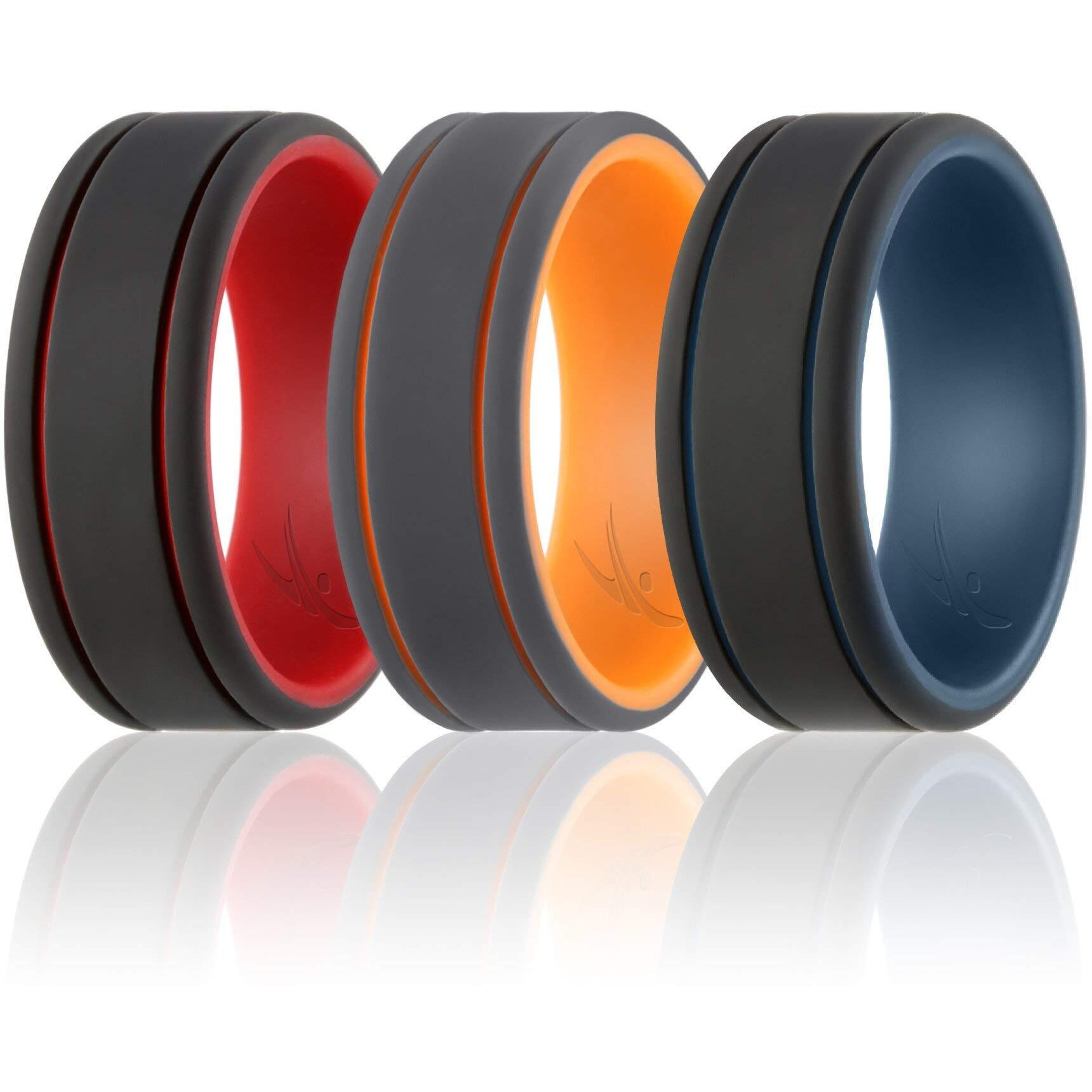 Silicone Wedding 2Layer Lines Ring Set - Grey-Black By Roq For Men - 3 X 9 Mm Ring