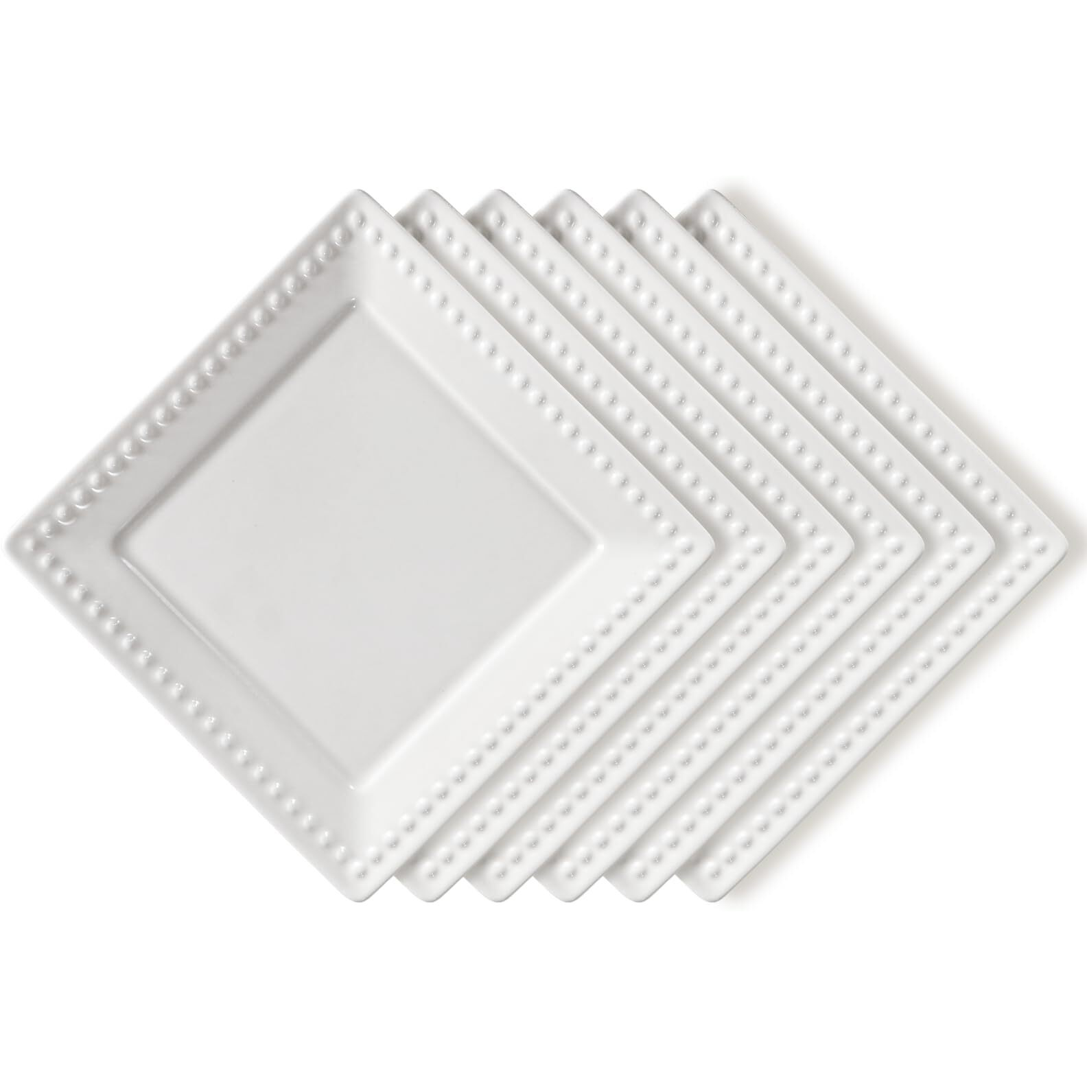 Wareland Appetizer Plates, Embossed Ceramic Dessert Plates, Salad Plates Set Of 6, 6 Inch White Square Dinner Plates For Snack, Small Flat Kitchen Plates For Restaurant, Dishwasher Microwave Oven Safe