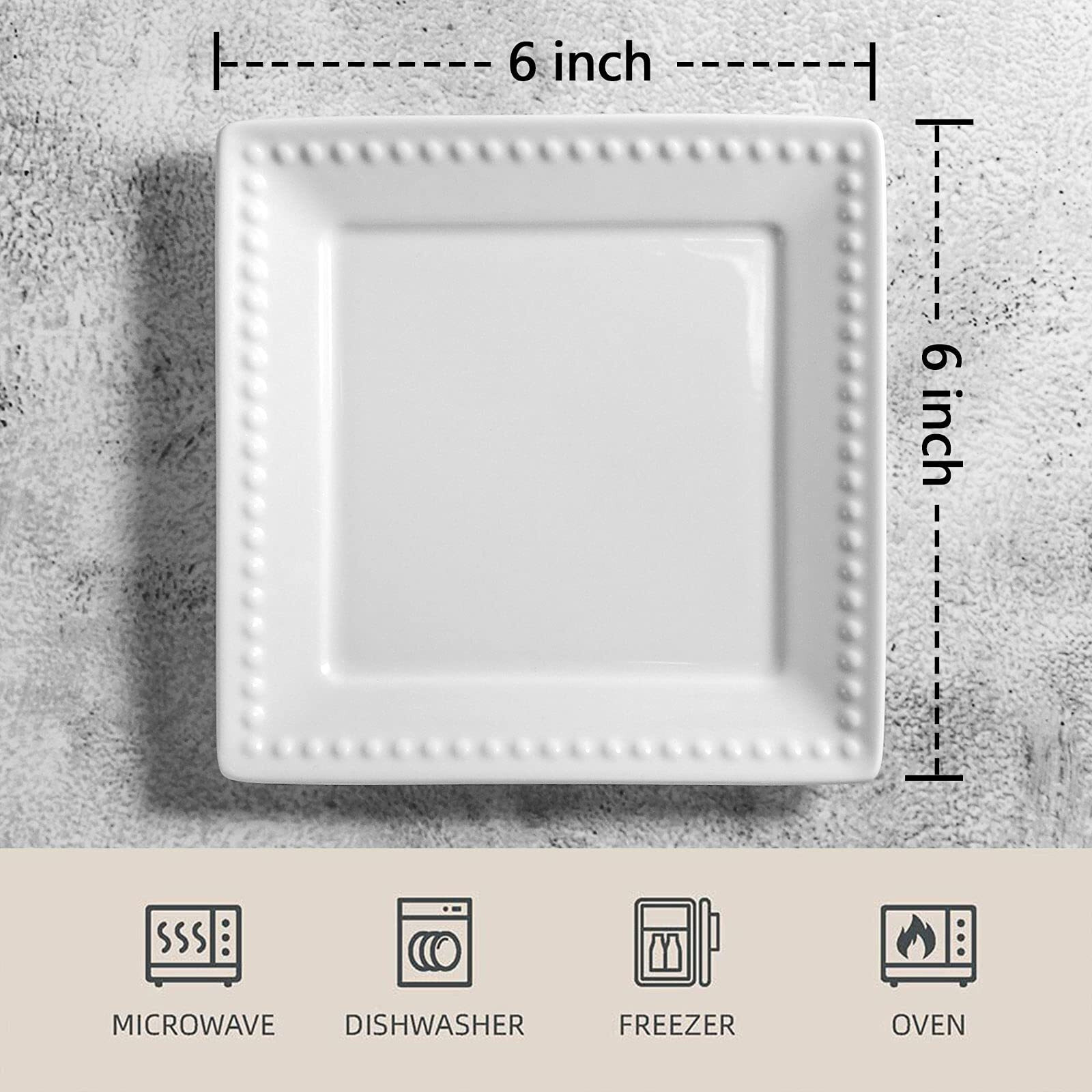 Wareland Appetizer Plates, Embossed Ceramic Dessert Plates, Salad Plates Set Of 6, 6 Inch White Square Dinner Plates For Snack, Small Flat Kitchen Plates For Restaurant, Dishwasher Microwave Oven Safe
