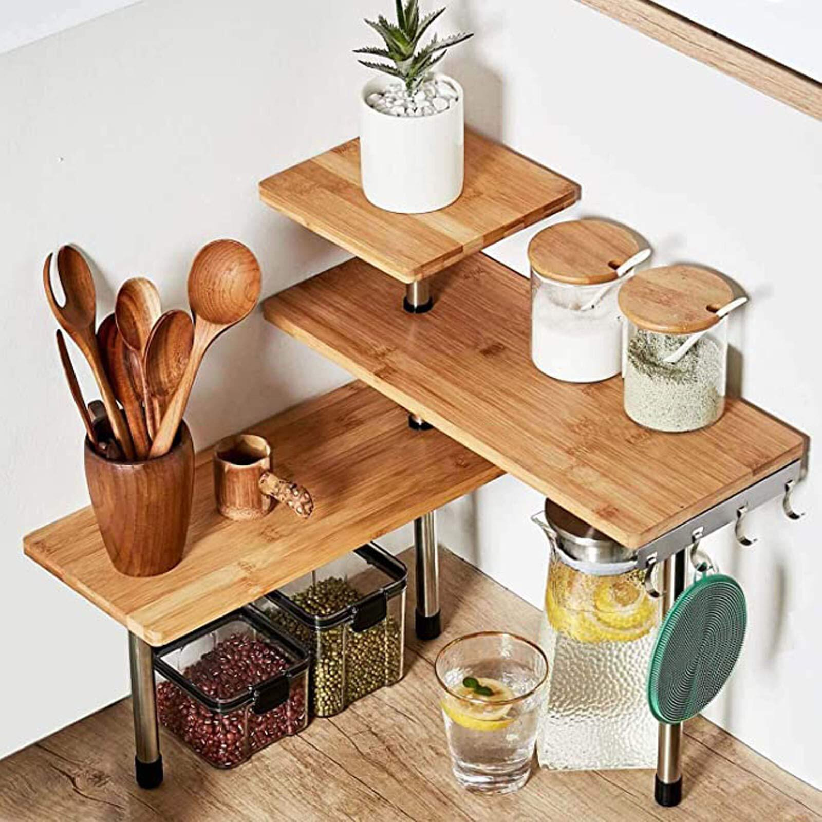 Hynawin 3 Tier Corner Shelf Bamboo & Metal Storage Spice Rack-Desk Bookshelf Display Shelves Space Saving Organizer -Adjustable Rack For Kitchen,Bedroom, Office-Creative Home D  Cor With Hooks