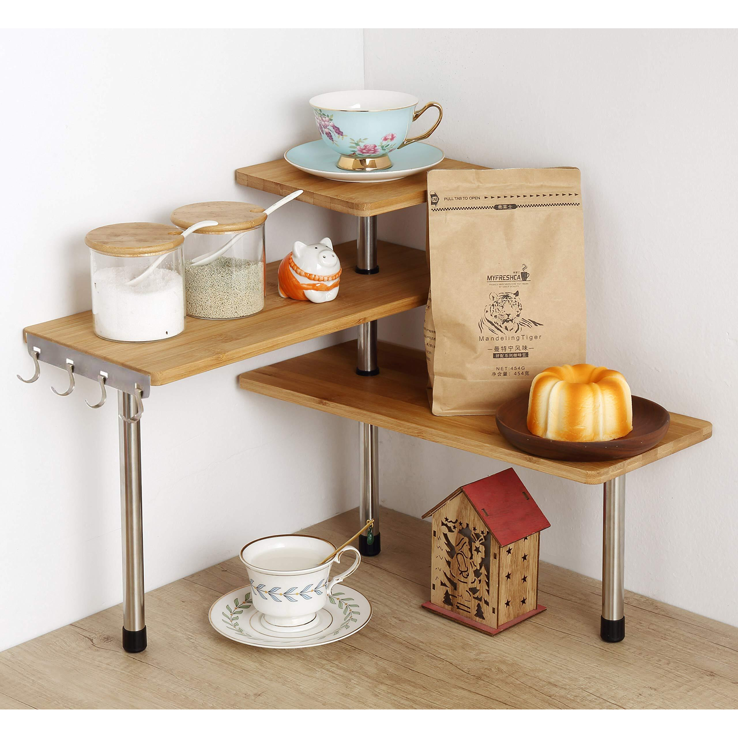 Hynawin 3 Tier Corner Shelf Bamboo & Metal Storage Spice Rack-Desk Bookshelf Display Shelves Space Saving Organizer -Adjustable Rack For Kitchen,Bedroom, Office-Creative Home D  Cor With Hooks