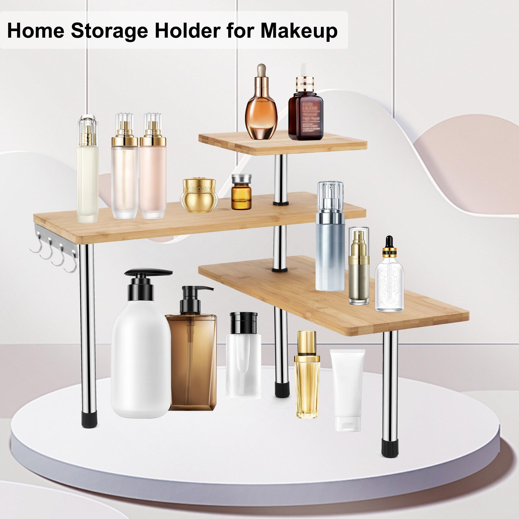 Hynawin 3 Tier Corner Shelf Bamboo & Metal Storage Spice Rack-Desk Bookshelf Display Shelves Space Saving Organizer -Adjustable Rack For Kitchen,Bedroom, Office-Creative Home D  Cor With Hooks