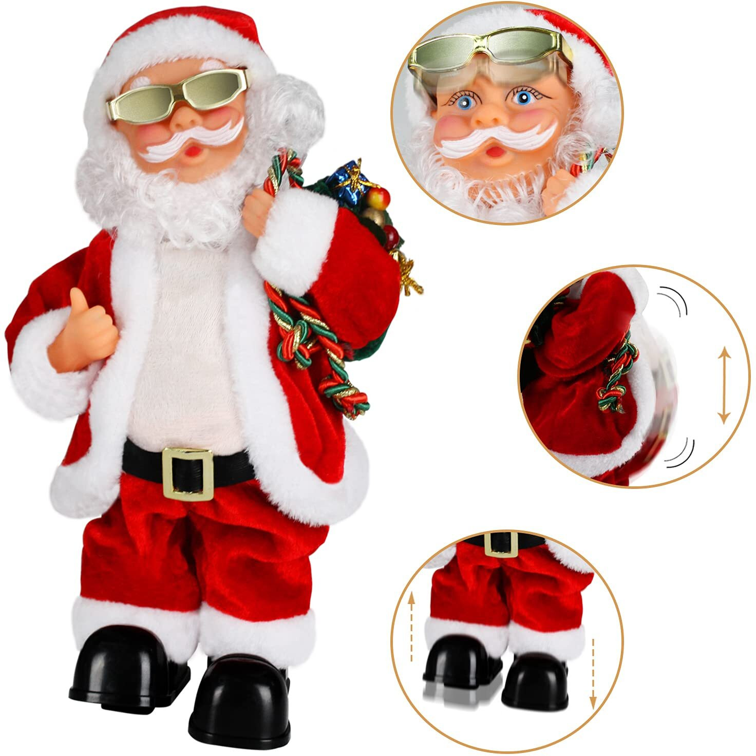 Sdenow Electric Santa Claus, Gold Wire Glasses Shaking Belly Santa Claus Singing Dancing Christmas Santa Claus Toys Xmas Electric Dolls For Kids