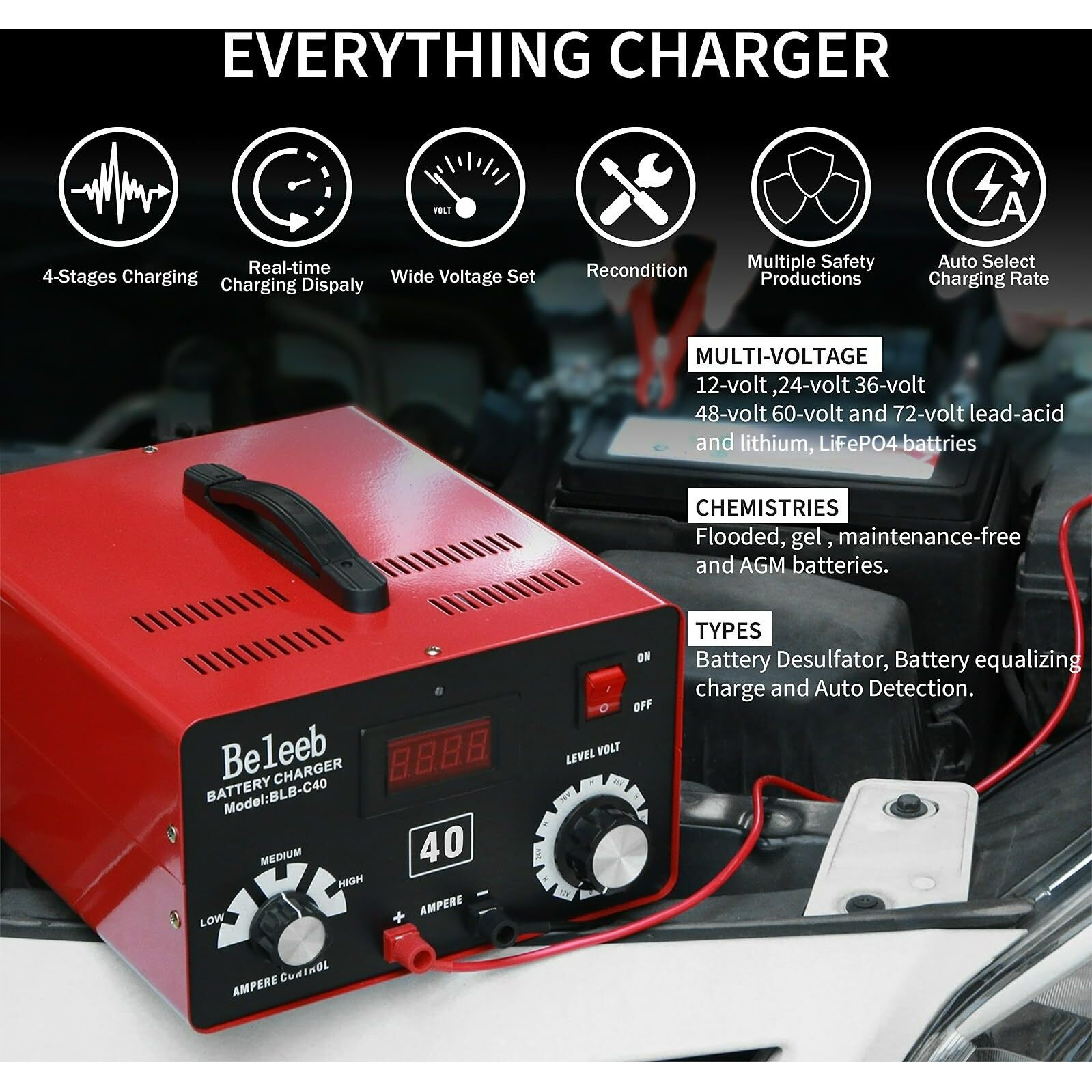 Beleeb C40 Adjustable Battery Charger 12V 24V 36V 48V 60V 72V, 16A Pulses Of High-Voltage Battery Desulfator Maintainer With Smart Chip For Lead-Acid Lifepo4 Lithium Batteries Blb-C40