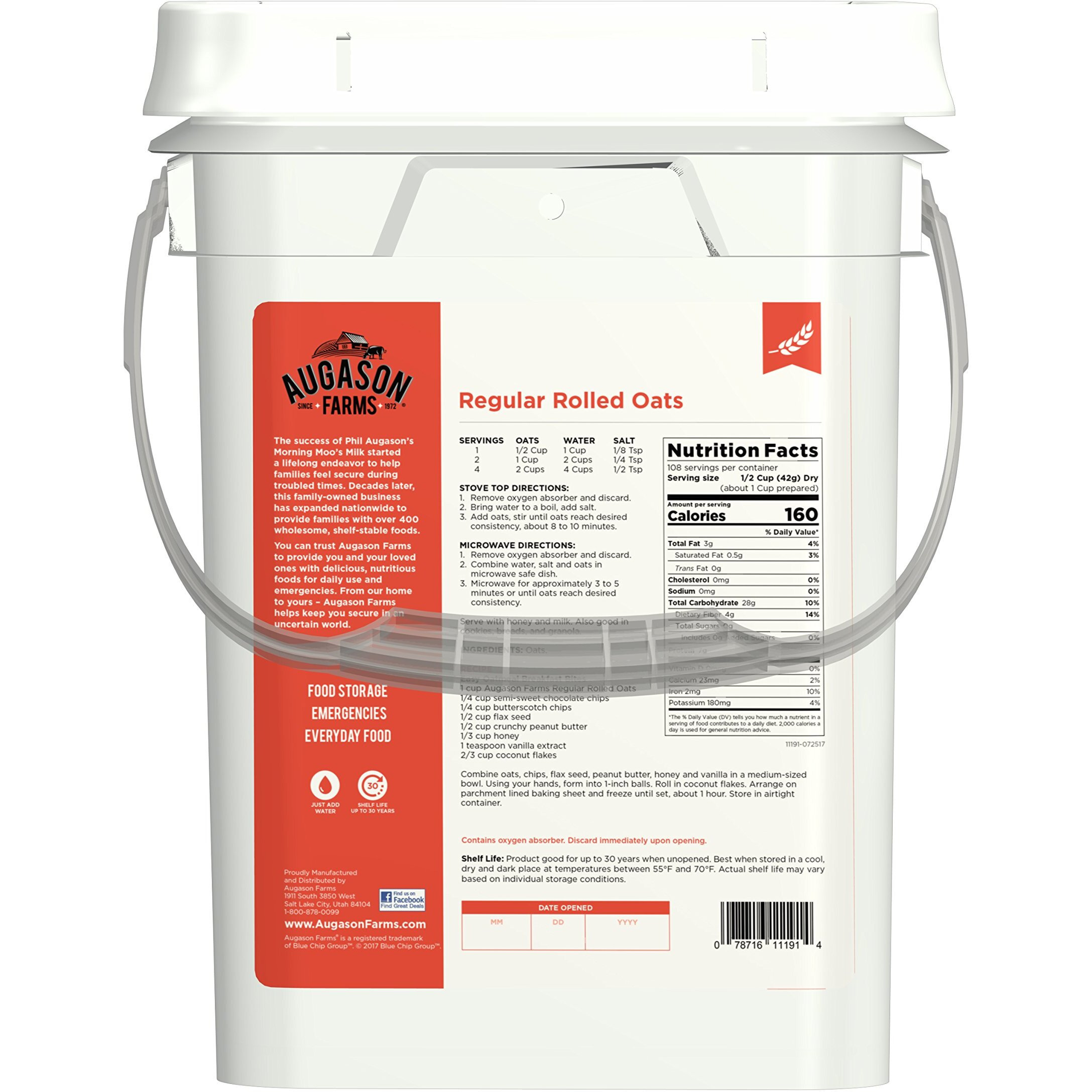 Augason Farms Regular Rolled Oats Emergency Food Storage 10 Pound Pail