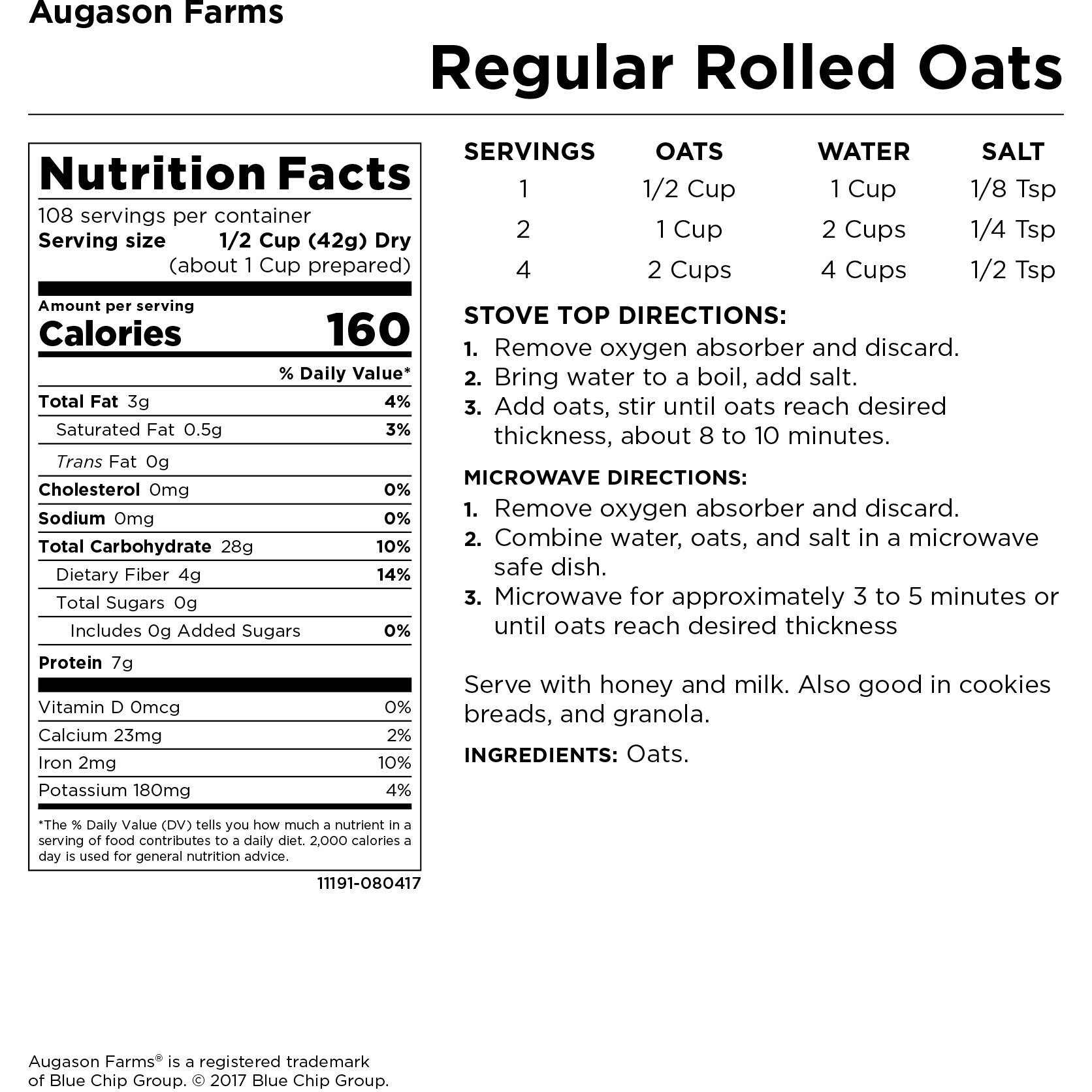 Augason Farms Regular Rolled Oats Emergency Food Storage 10 Pound Pail