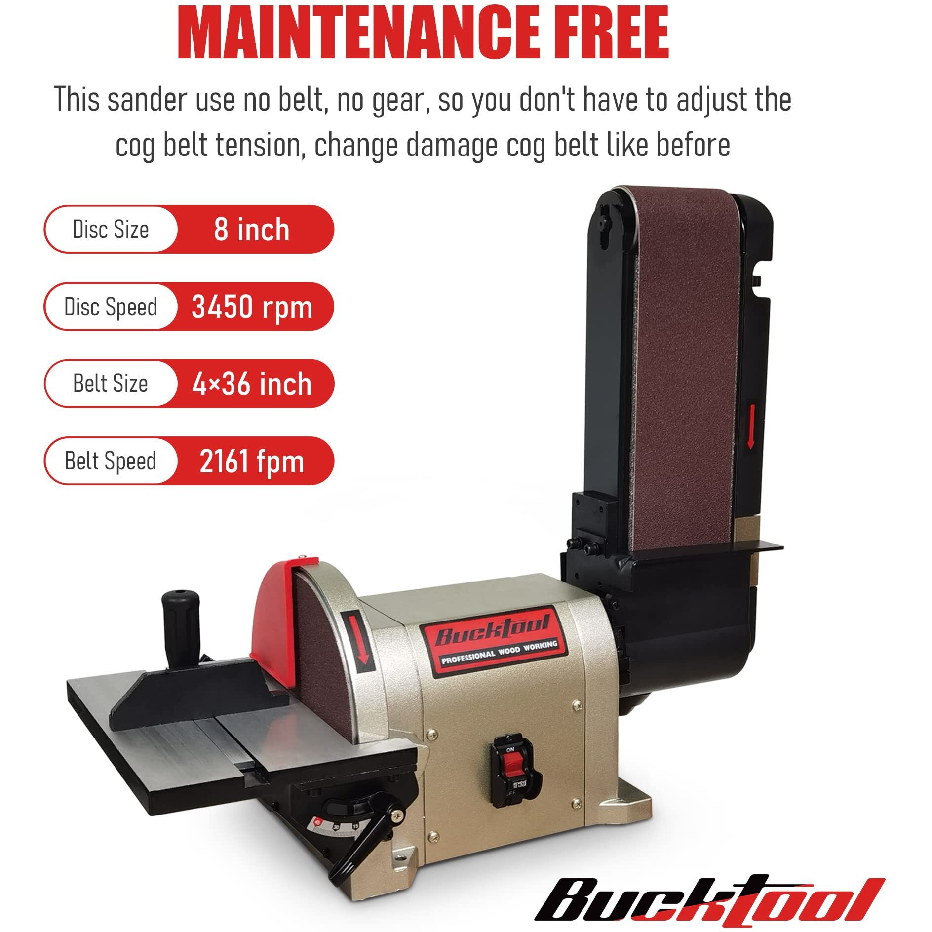 Bucktool Direct Drive Bench Belt Sander, 4X36 In Belt And 8 In Disc Sander, 3/4Hp Belt Sander For Woodworking, 5.0A Benchtop Belt Sander