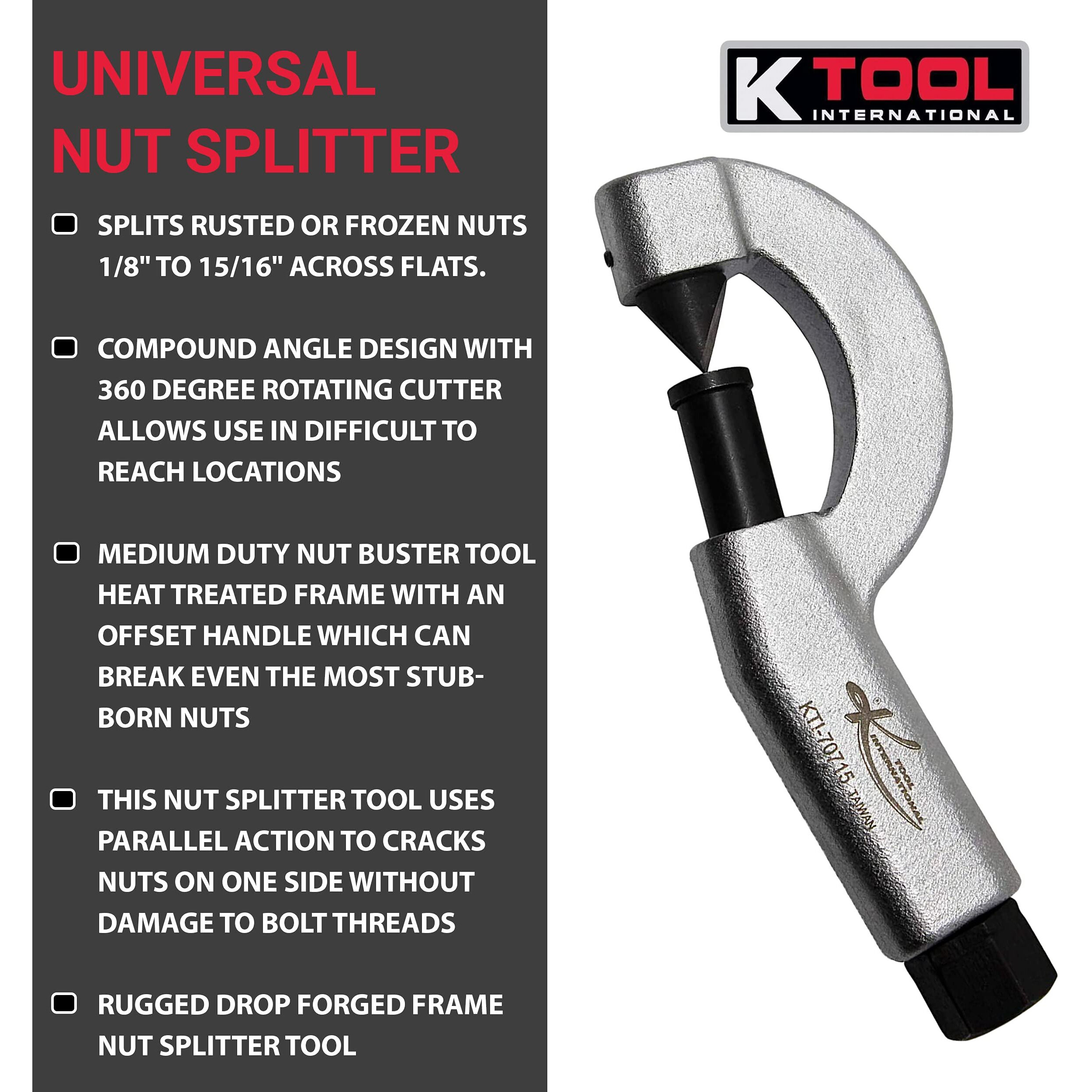 K Tool International 70715 Universal Automotive Nut Splitter Tool For Garages, Repair Shops, And Diy, Splits Nut Sizes 1/8""-15/16"", 360 Degree Rotating Cutter, Heat Treated Drop Forged Frame, Silver
