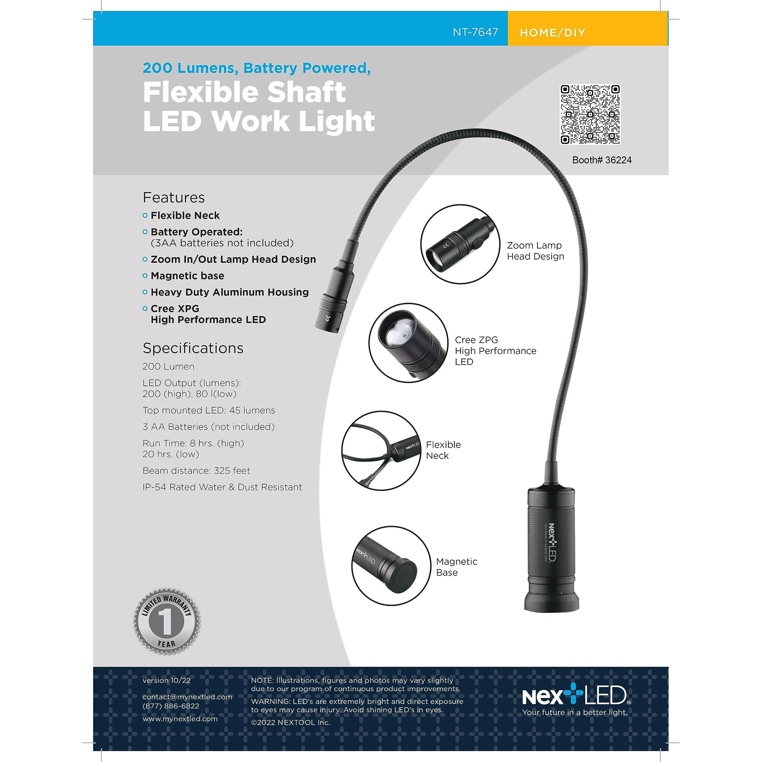 Nextled Nt-7647 20-Inch Gooseneck Flashlight Cree Led With Magnetic Base, Flexible Led Light, Zoomable Lens, Ip54 Rating Waterproof. Work Bench, Auto Repair, Grill Light, Inspection