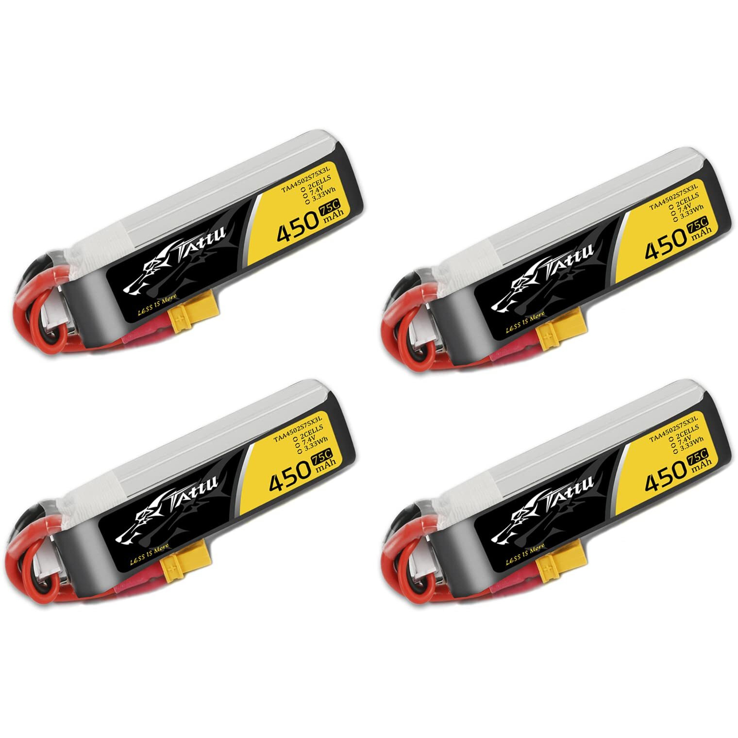 Tattu 4 Packs 450Mah 7.4V 75C 2S Lipo Battery Pack With Xt30 Plug - Long Size For H Frame And Betafpv 2S Whoop