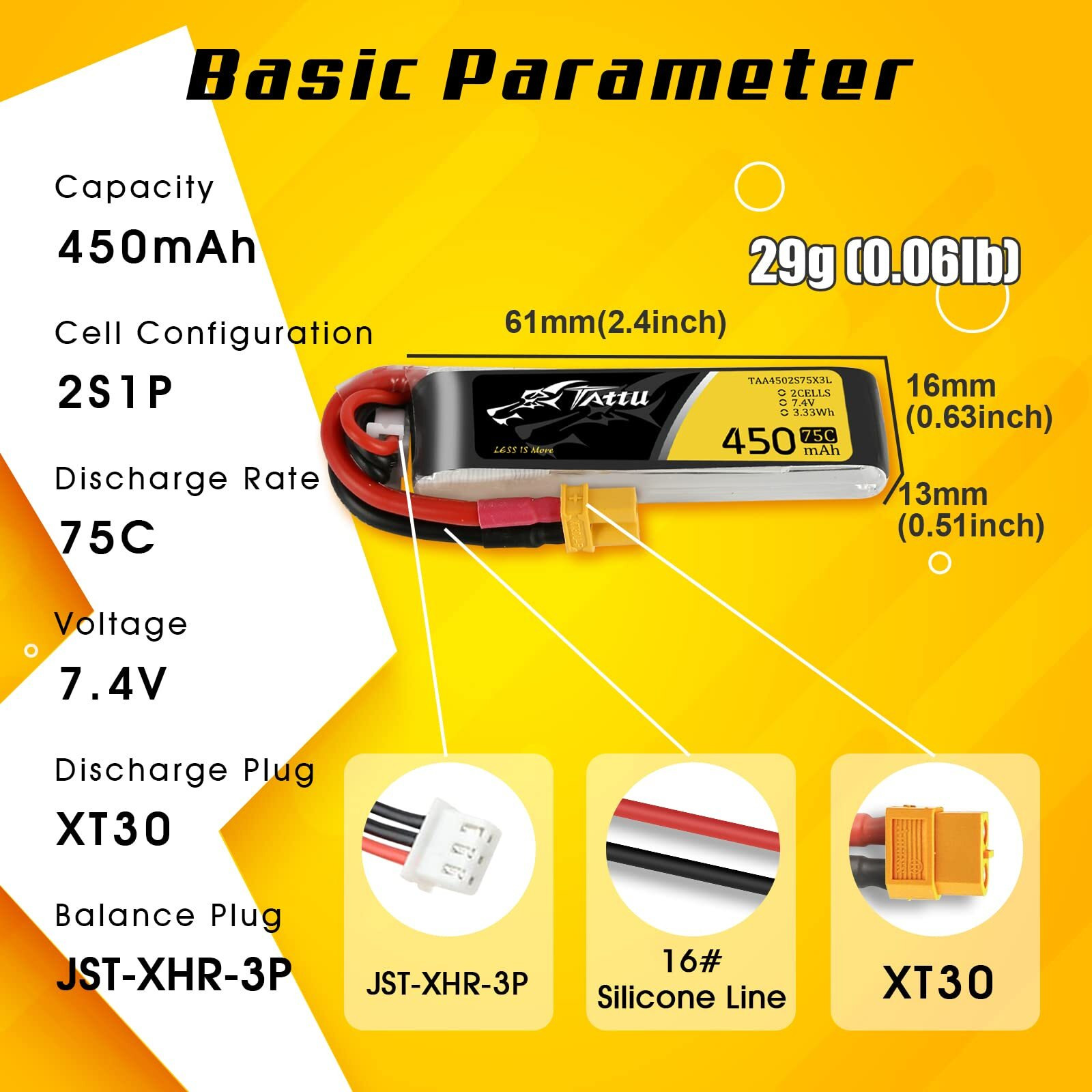 Tattu 4 Packs 450Mah 7.4V 75C 2S Lipo Battery Pack With Xt30 Plug - Long Size For H Frame And Betafpv 2S Whoop