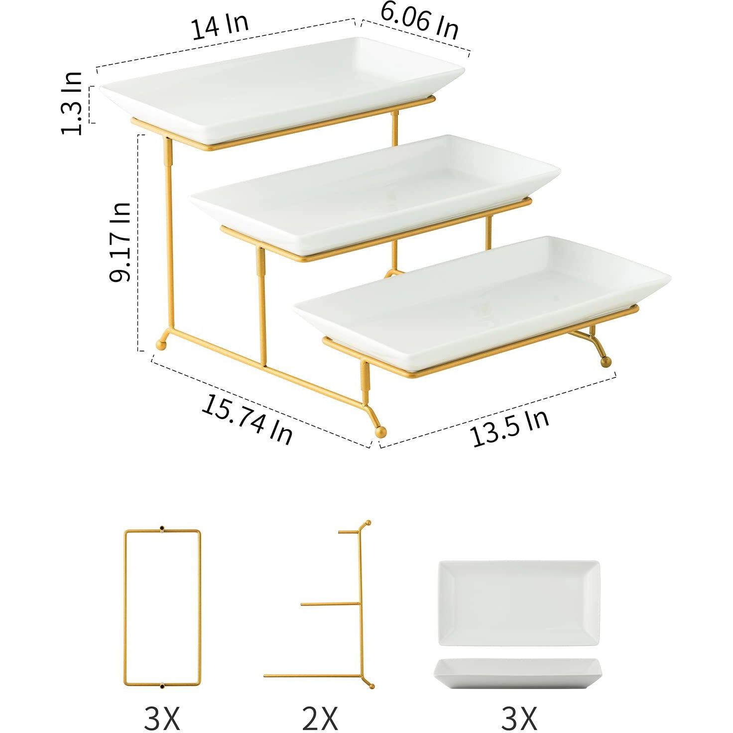 Gomakren 3 Tier Serving Stand With Porcelain Serving Platter Tray - Collapsible Gold Stand With 3 Piece Large14 Inch White Plates For Food Presentation Dessert Server Display And Entertaining