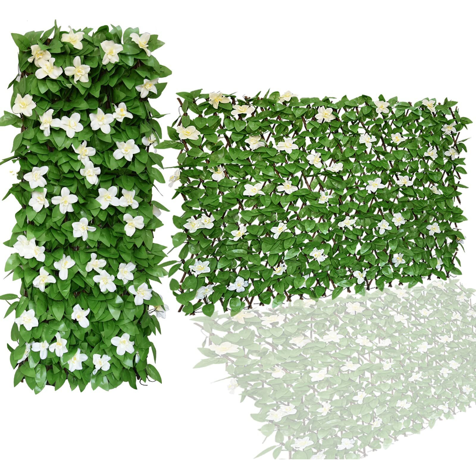 Joysfit Expandable Faux Ivy Fence,Artificial Privacy Screen Decor For Outdoor Wall, Balcony And Patio, Single Sided Leaves (1,White Flower)