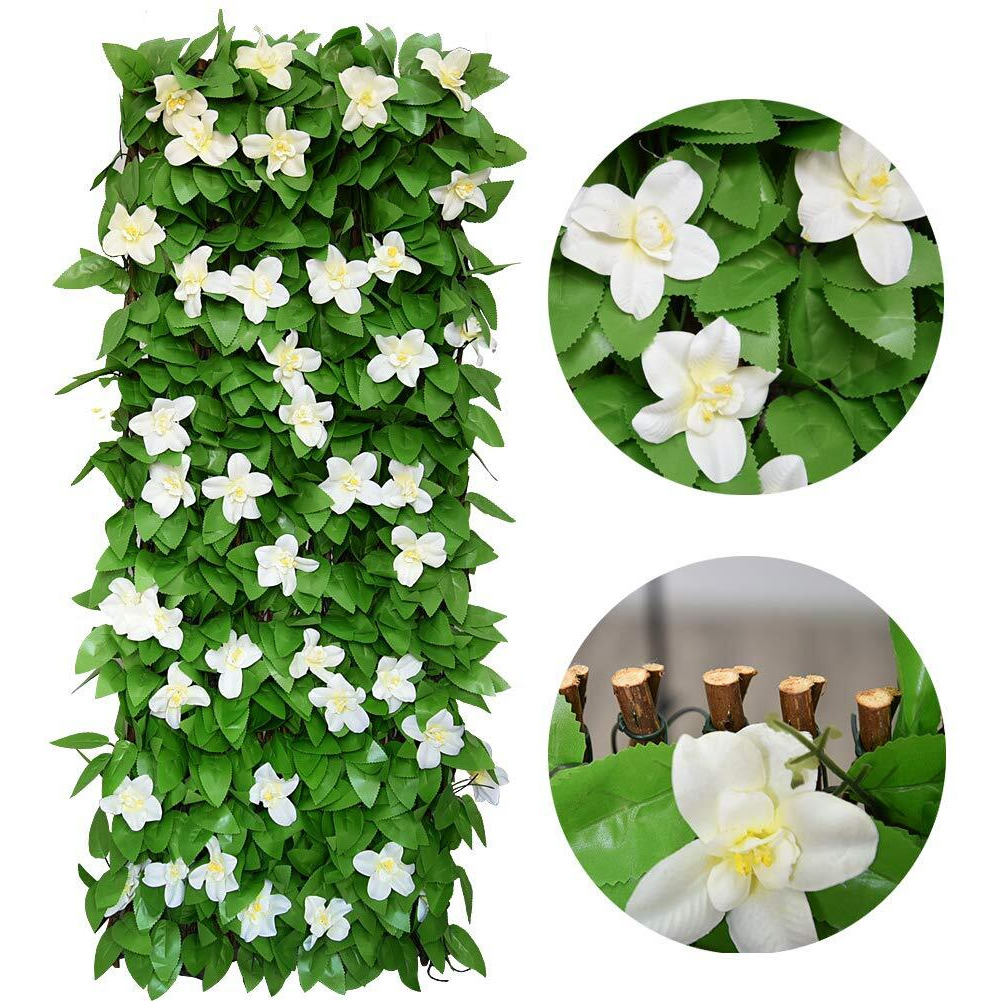 Joysfit Expandable Faux Ivy Fence,Artificial Privacy Screen Decor For Outdoor Wall, Balcony And Patio, Single Sided Leaves (1,White Flower)