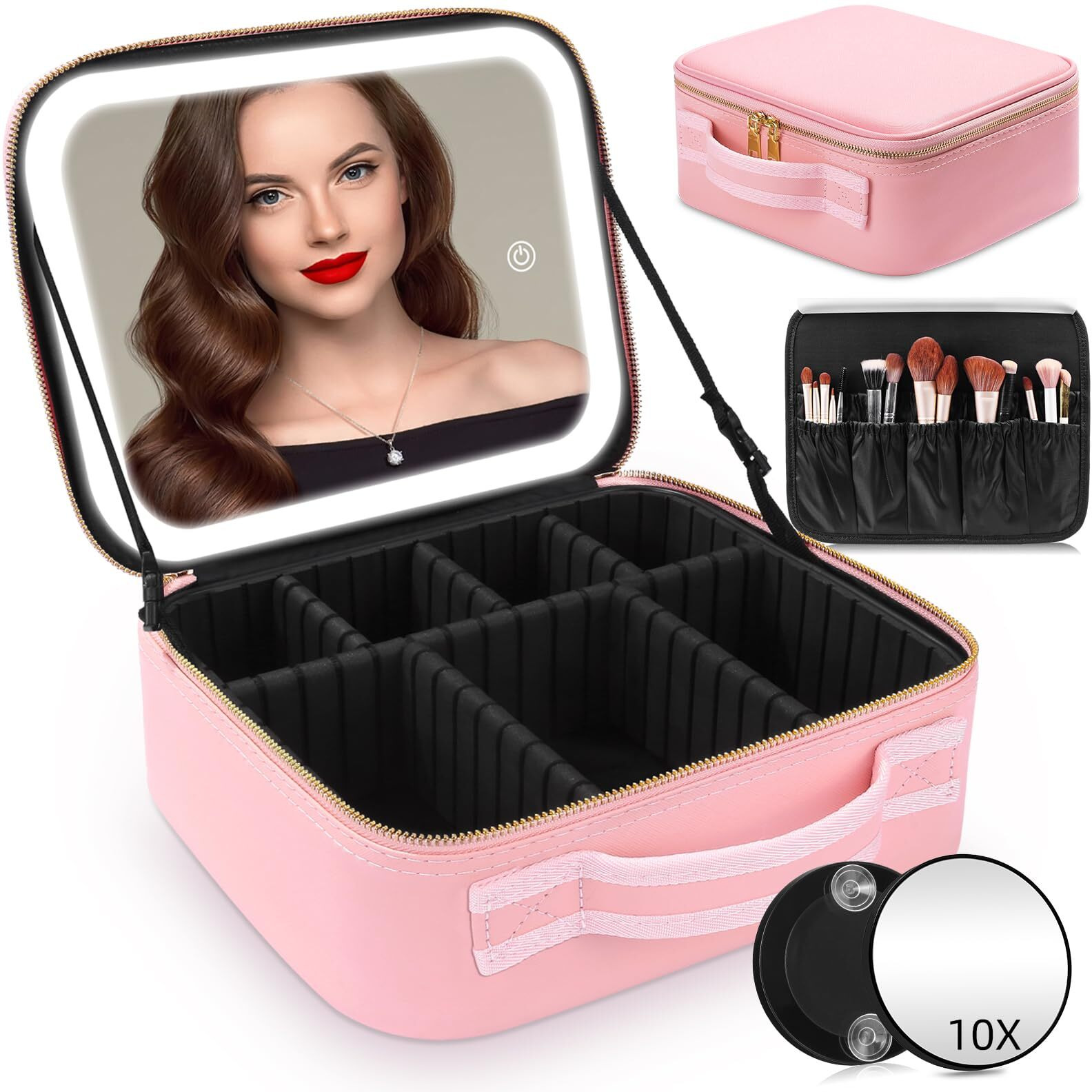 Rrtide Makeup Bag With Mirror Of Led Lighted, Travel Makeup Train Case Cosmetic Bag Organizer With Mirror And Lights, Make Up Bag With Light Up Mirror Adjustable Divider Brush Board