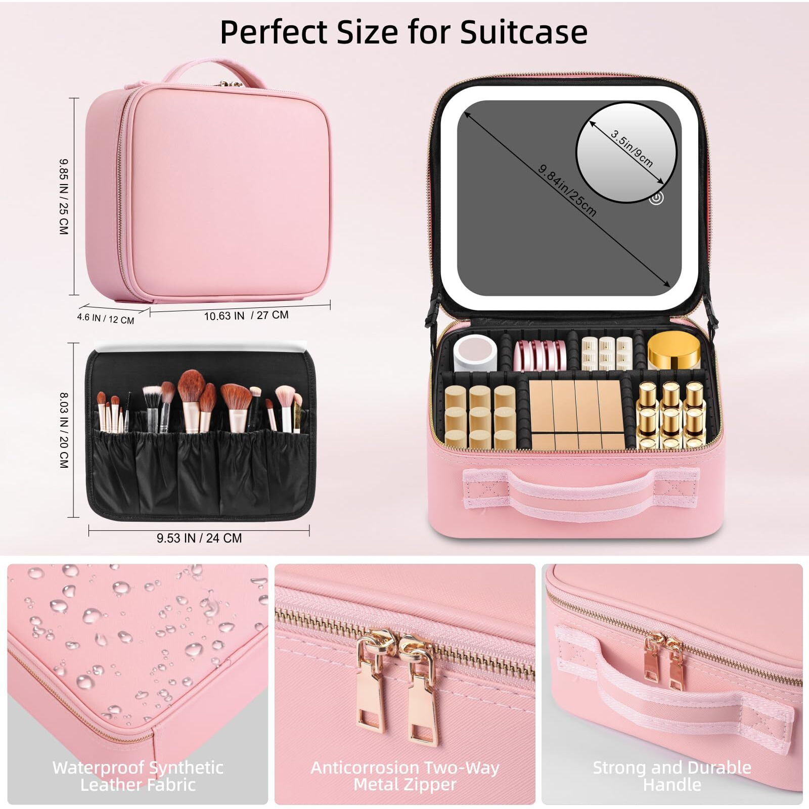 Rrtide Makeup Bag With Mirror Of Led Lighted, Travel Makeup Train Case Cosmetic Bag Organizer With Mirror And Lights, Make Up Bag With Light Up Mirror Adjustable Divider Brush Board