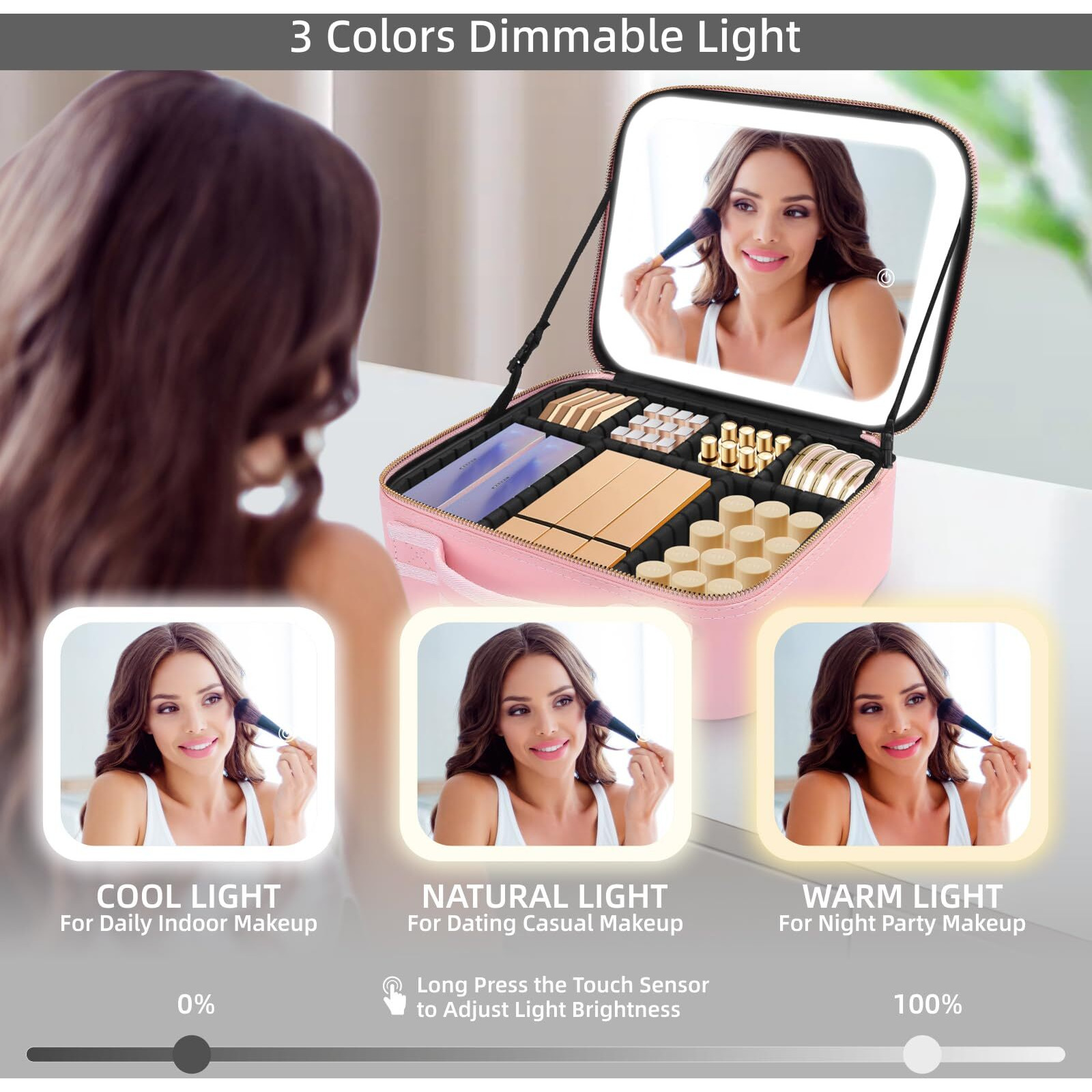 Rrtide Makeup Bag With Mirror Of Led Lighted, Travel Makeup Train Case Cosmetic Bag Organizer With Mirror And Lights, Make Up Bag With Light Up Mirror Adjustable Divider Brush Board