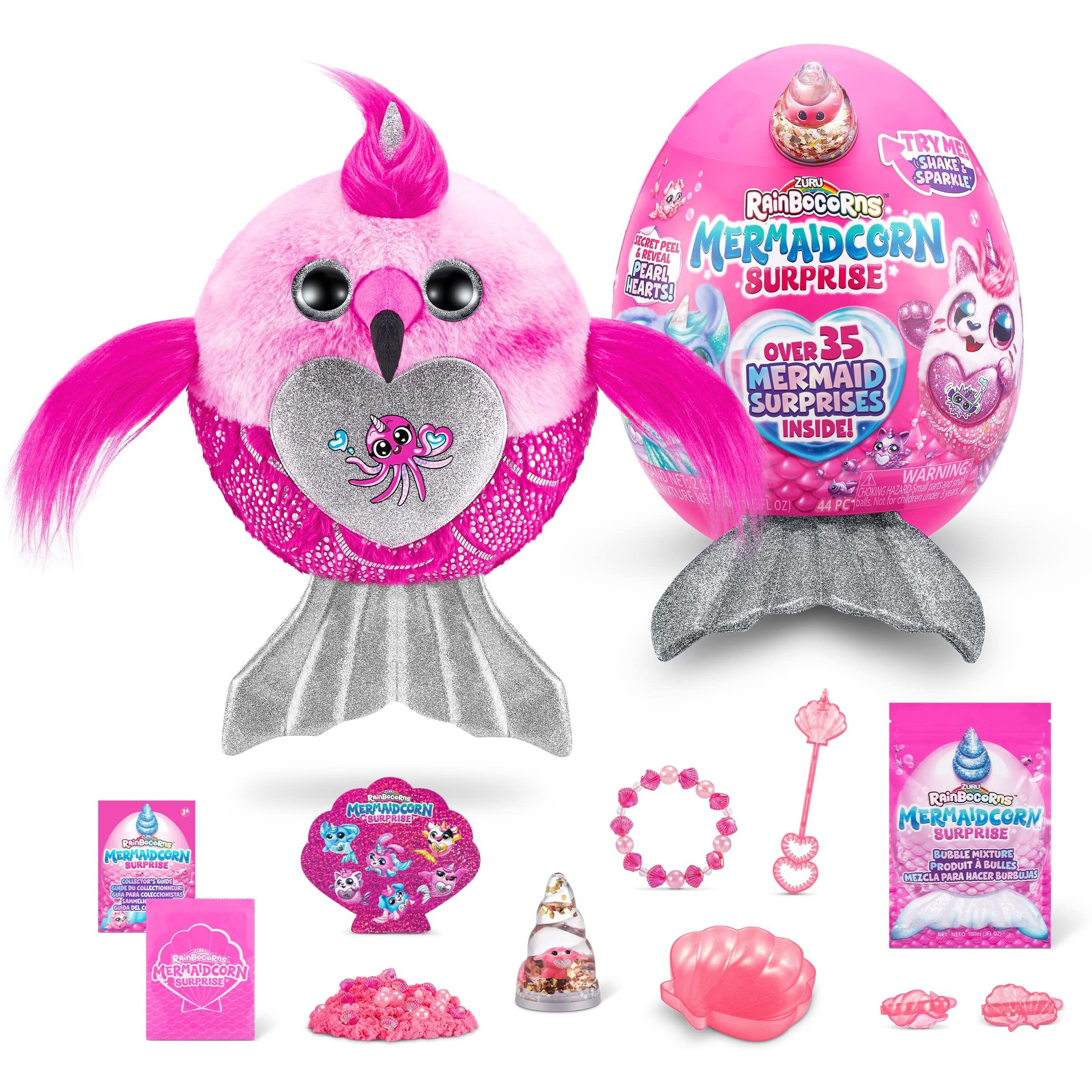 Rainbocorns Mermaidcorn (Flamingo) By Zuru, Collectible Plush, Mermaid Surprises, Cuddle Plush Stuffed Animal, Surprise Egg, Stickers, Magic Sands & Bubble Mixture, For Girls 3+ Up