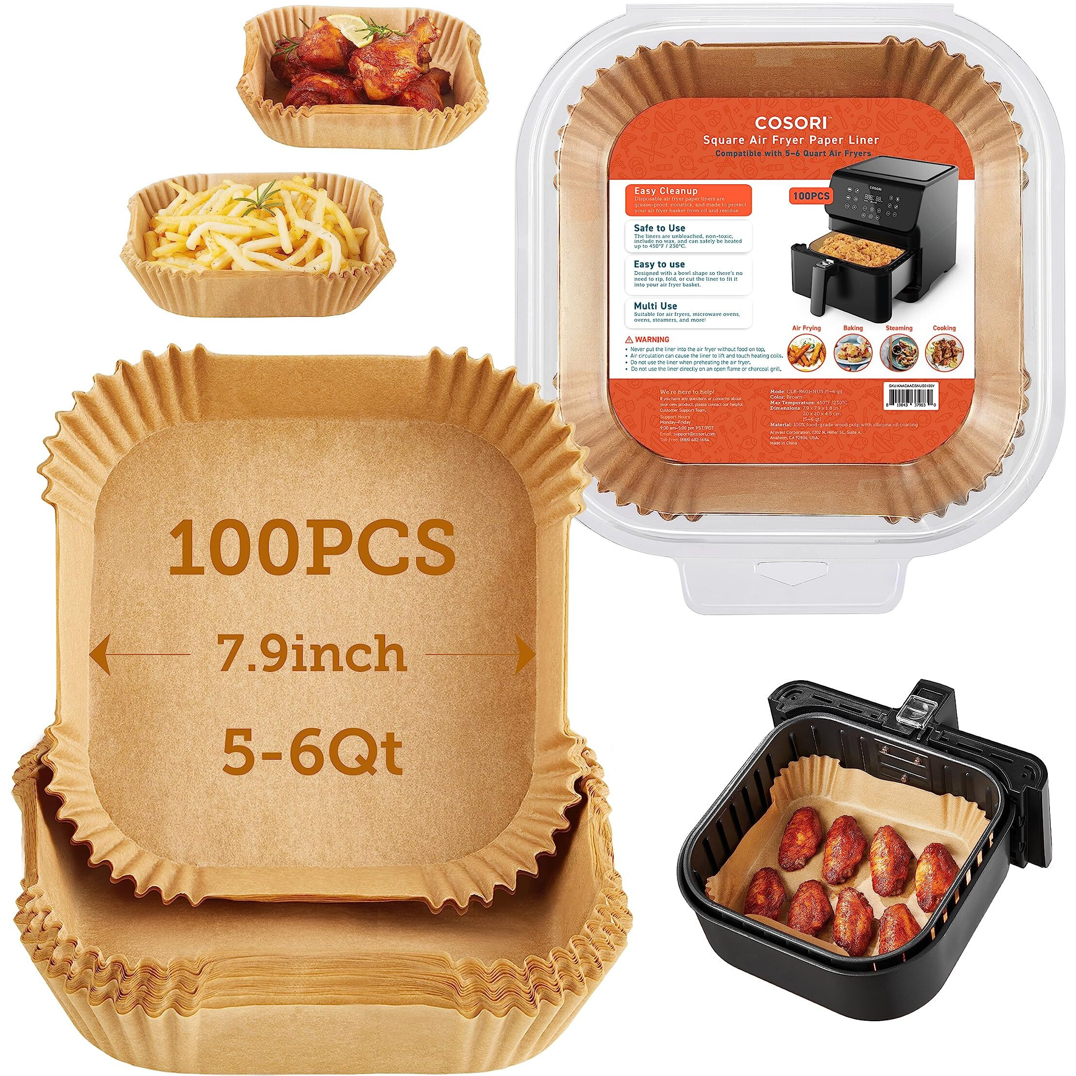 Cosori Air Fryer Liners, 100 Pcs Square Disposable Paper Liners, Non-Stick Silicone Oil Coating, Little To No Cleaning, 7.9"" Unbleached Food Grade, Resistant To 465F, Thickened Not Easy To Break