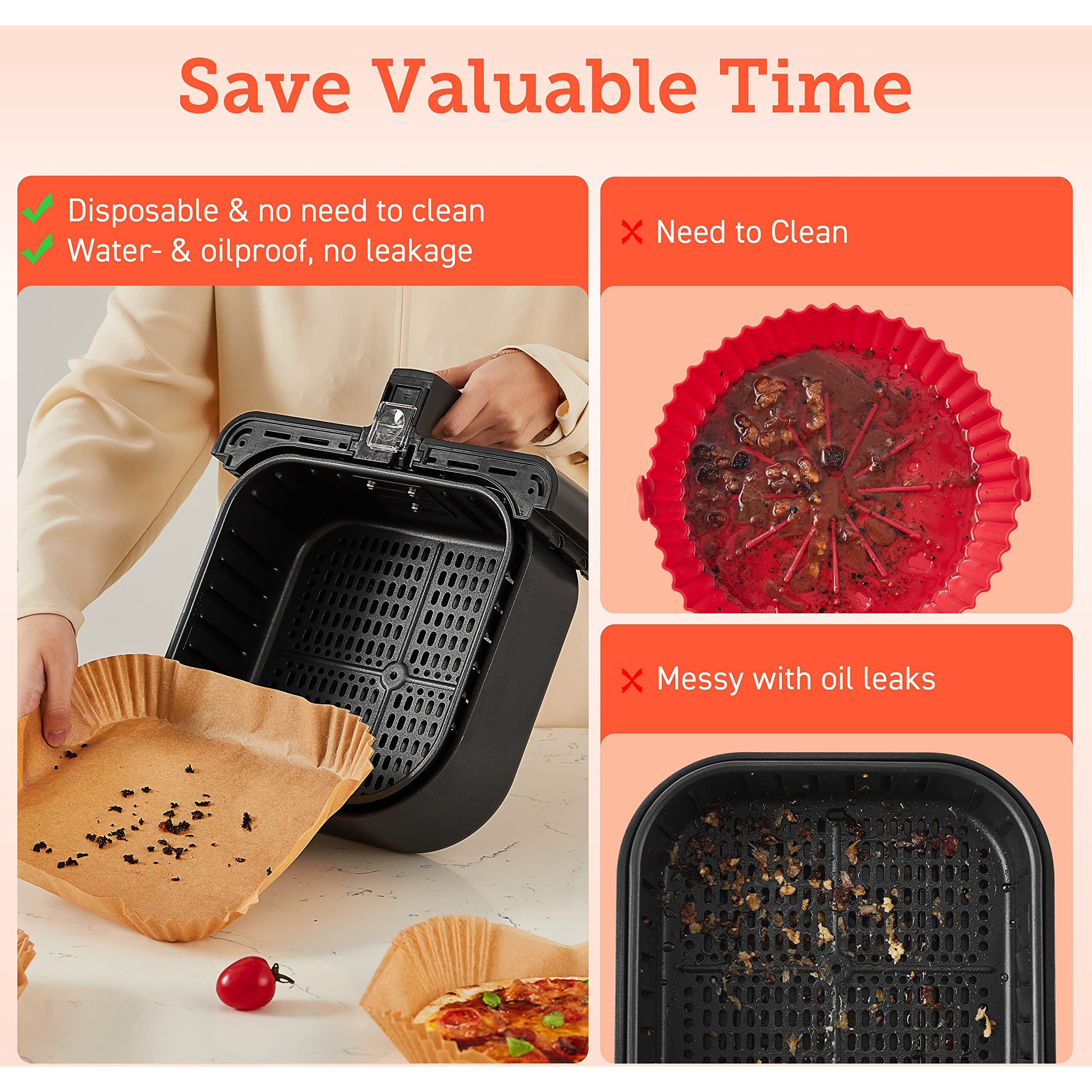 Cosori Air Fryer Liners, 100 Pcs Square Disposable Paper Liners, Non-Stick Silicone Oil Coating, Little To No Cleaning, 7.9"" Unbleached Food Grade, Resistant To 465F, Thickened Not Easy To Break