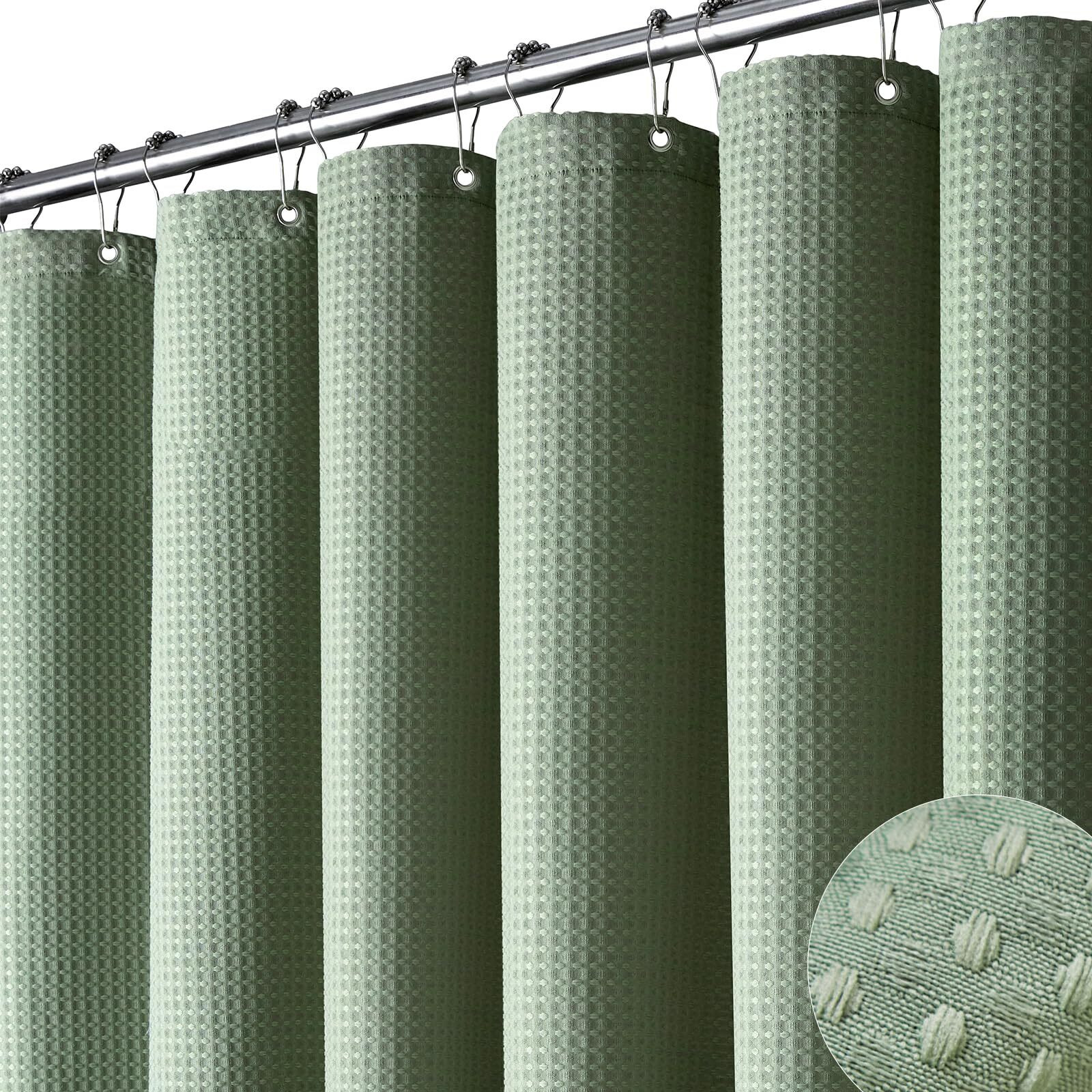 Dynamene Extra Wide Shower Curtain-108 Inch Wide Waffle Weave Weighted Thick Cloth Bathroom Shower Curtain, Neutral Heavy Duty Hotel Bath Curtain Set With 18 Plastic Hooks,108X72, Sage Green