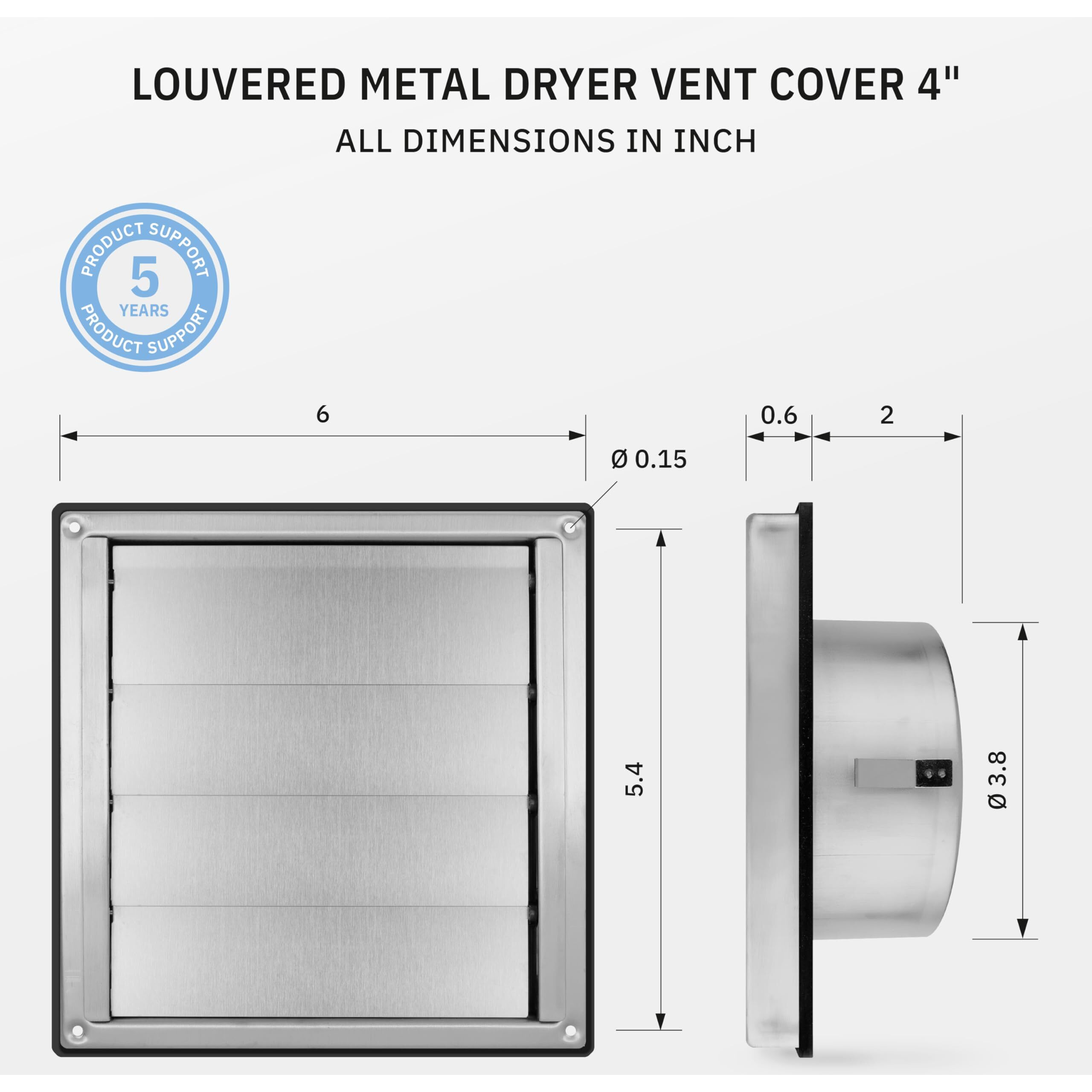 Calimaero Vke 4"" Inch Dryer Vent Cover Outdoor Stainless Steel Grille Dryer Vent Exterior Wall Vent Moving Flaps Fits Only With Metal Ducts
