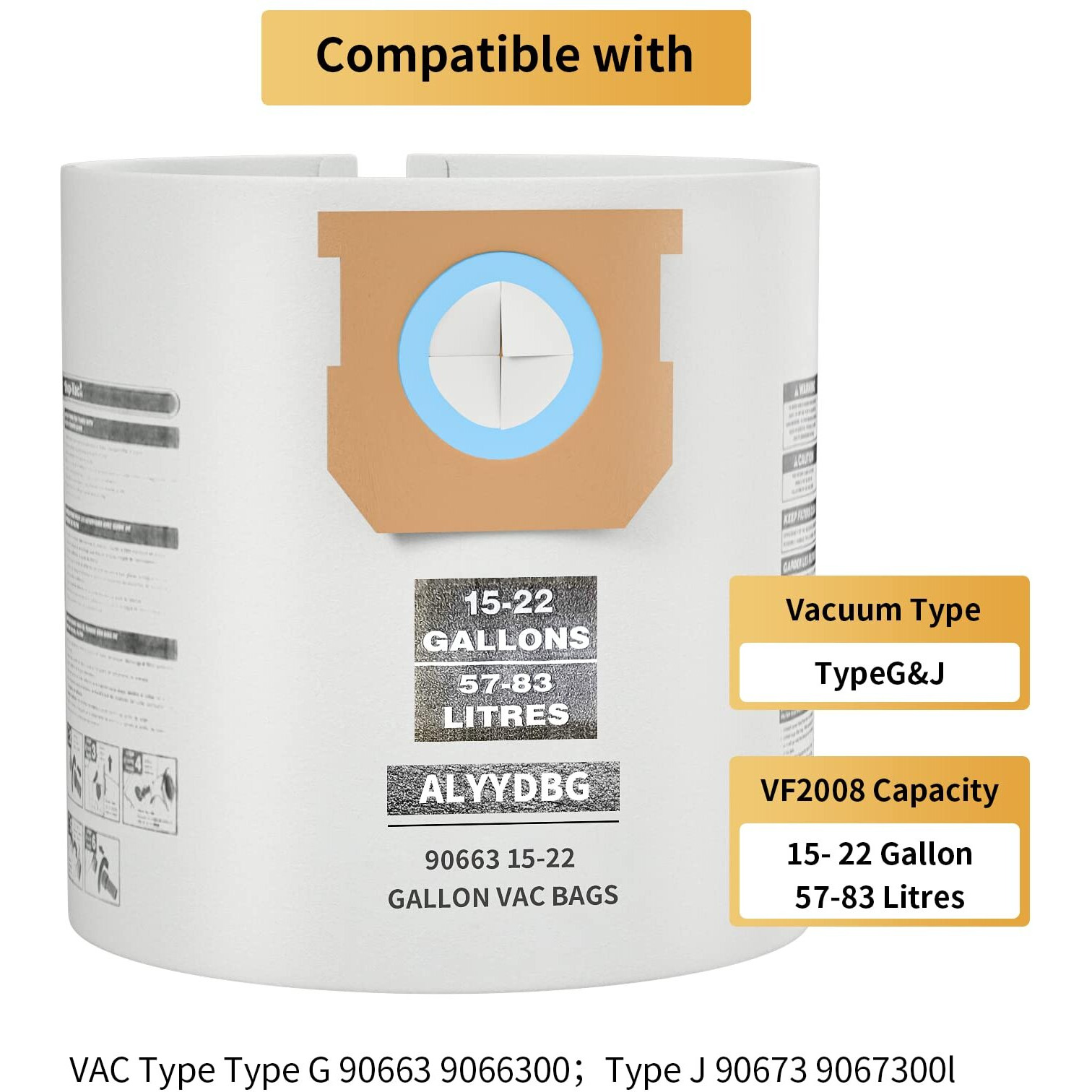 Alyydbg For Shop Vac Bags 15-22 Gallon, Type G 90663 9066300 Type J 90673 9067300 And Vf2008 High-Efficiency Disposable Dust Collection Vacuum Filter Bags 5 Pack
