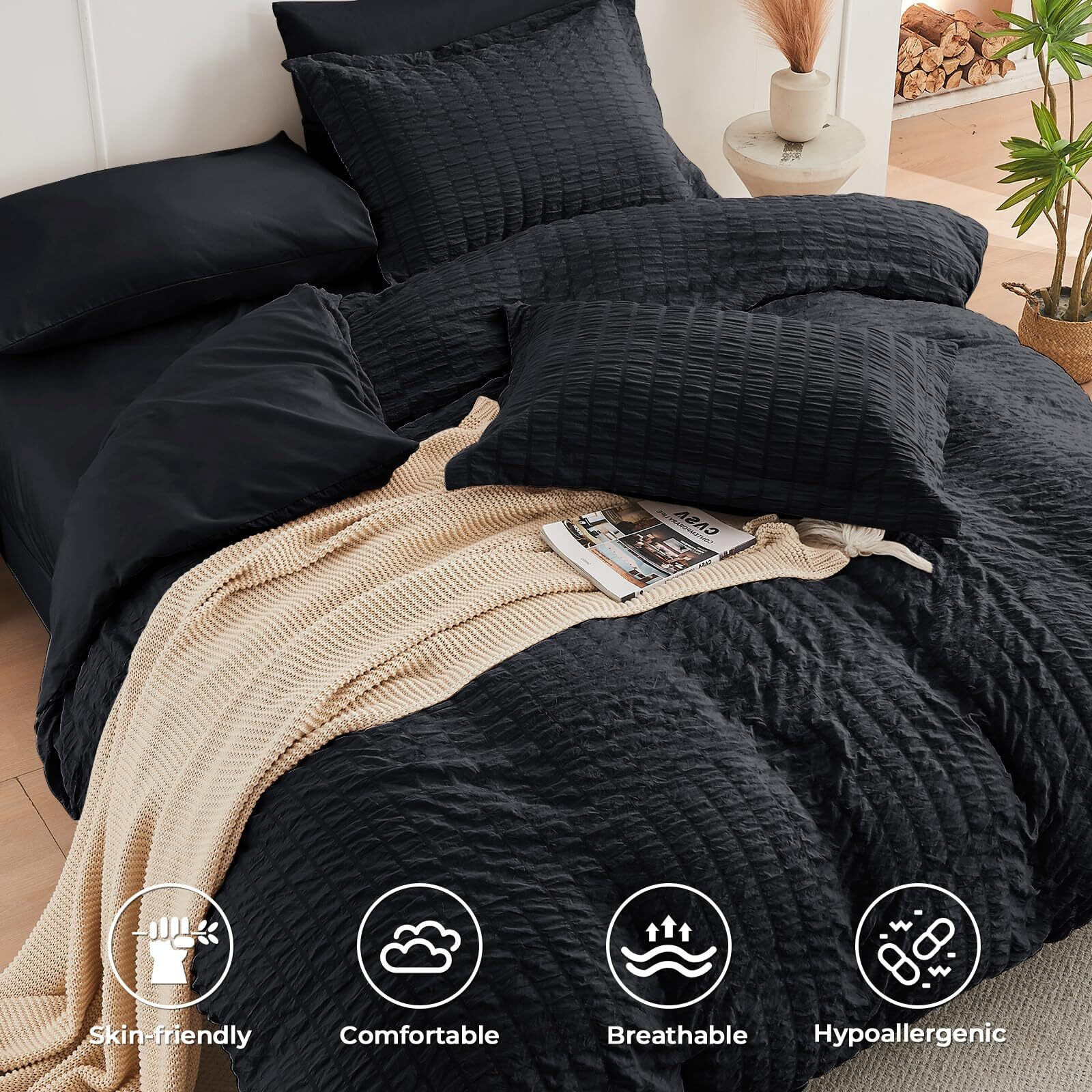 Hymokege Black Twin Duvet Cover Set, Ultra Soft & Breathable 3Pc Seersucker Duvet Cover Set With Zipper Closure & Corner Ties - Includes 1 Duvet Cover 1 Duvet Cover (68"&quotX90"") & 1 Pillowcases