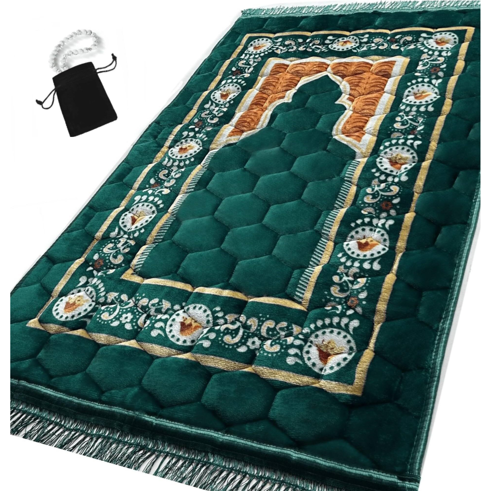 Prayer Rug Muslim Mat Islamic - Padded Very Thick Prayer Rug Sajadah For Men Women With Islam Prayer Beads For Eid Travel Ramadan, Soft And Luxury (Green Dl)