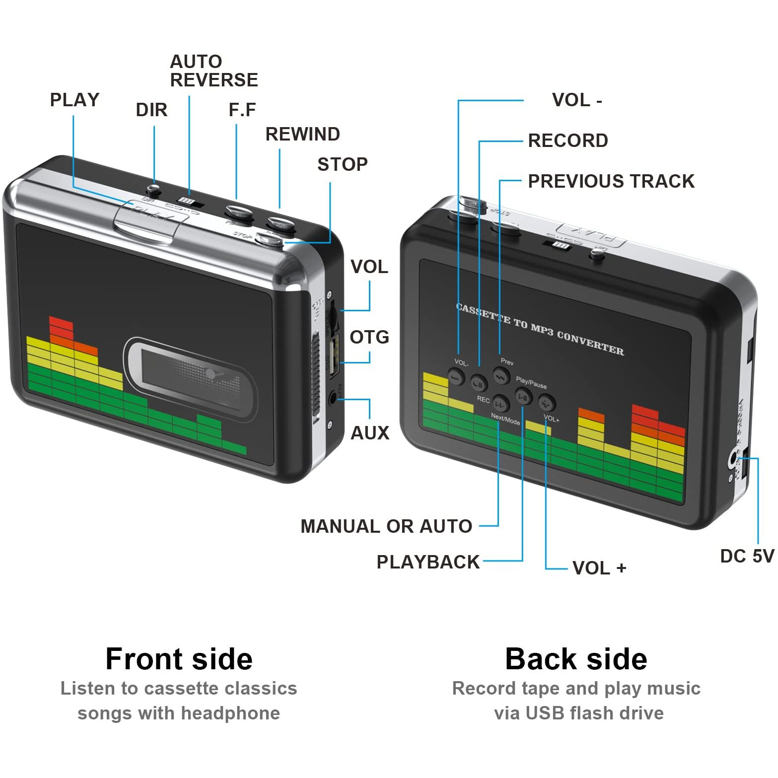 Digitnow Usb Cassette Player, Portable Walkman Stereo Tape To Mp3 Converter, Audio Music Recorder To Mp3 Digital File Converter With Earphones, No Pc Required, Black, Br607