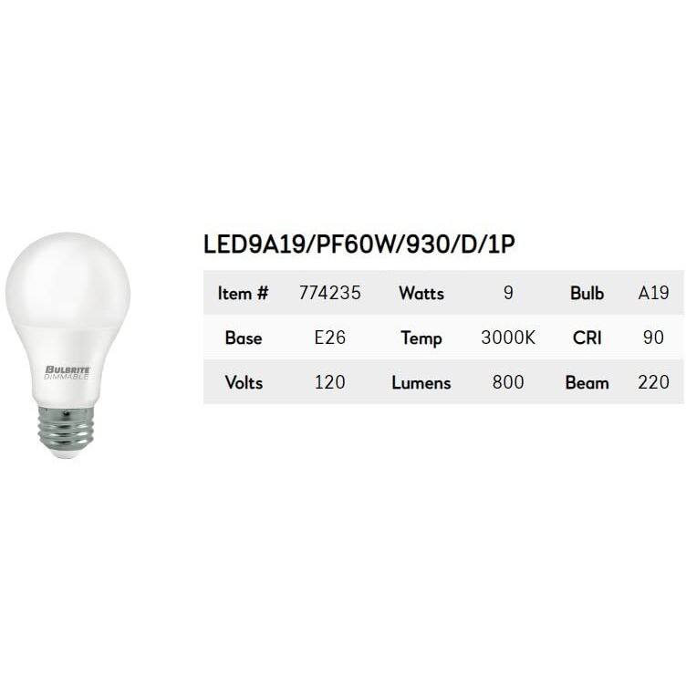 Bulbrite Pack Of 12 Item 774235 A19 Led Bulb, 9W, 60W Equiv., Dimmable, 3000K, E26 Base, 120V Soft White Light, A-Type Bulb