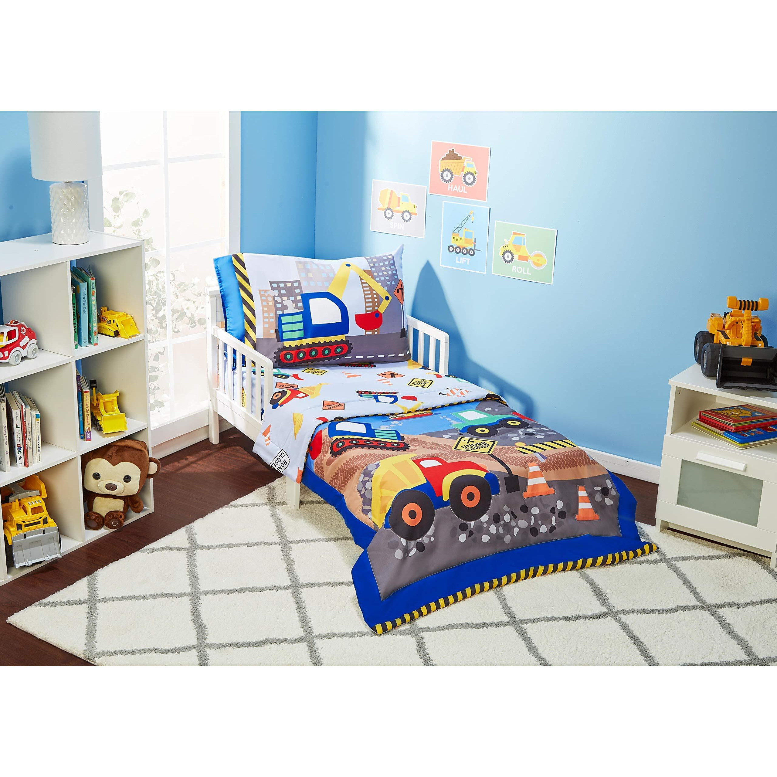 Everyday Kids 4 Piece Toddler Bedding Set - Under Construction - Includes Comforter, Flat Sheet, Fitted Sheet And Reversible Pillowcase