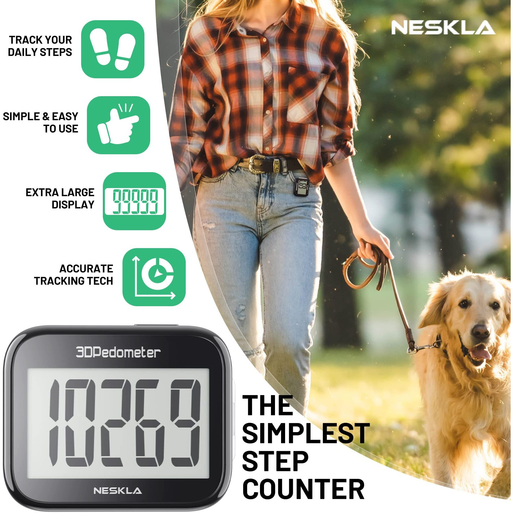 Neskla 3D Pedometer For Walking, Simple Step Counter With Large Digital Display, Step Tracker With Removable Clip Lanyard, Accurately Track Steps For Men Women Kids Adults Seniors