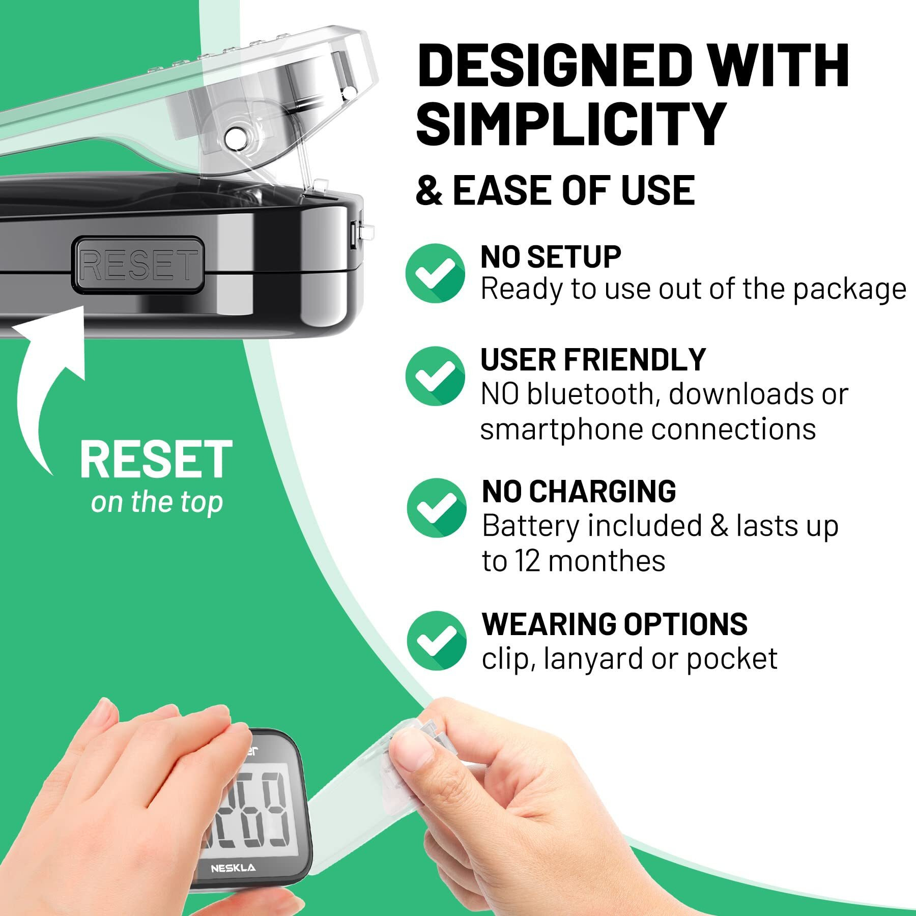 Neskla 3D Pedometer For Walking, Simple Step Counter With Large Digital Display, Step Tracker With Removable Clip Lanyard, Accurately Track Steps For Men Women Kids Adults Seniors