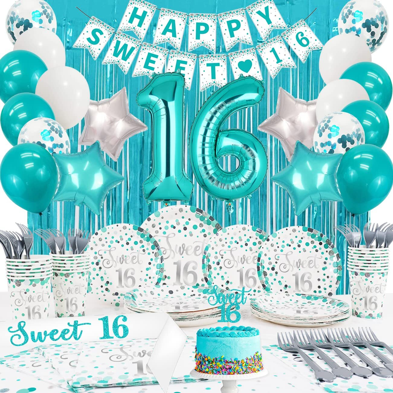 Sweet 16 Party Decorations- Teal Sweet 16 Plates And Napkins Party Supplies For 20 Guests,Teal Blue Balloons,Sweet 16 Birthday Sash And Caketopper,Turquoise Blue Metalic Curtains And Tablecover