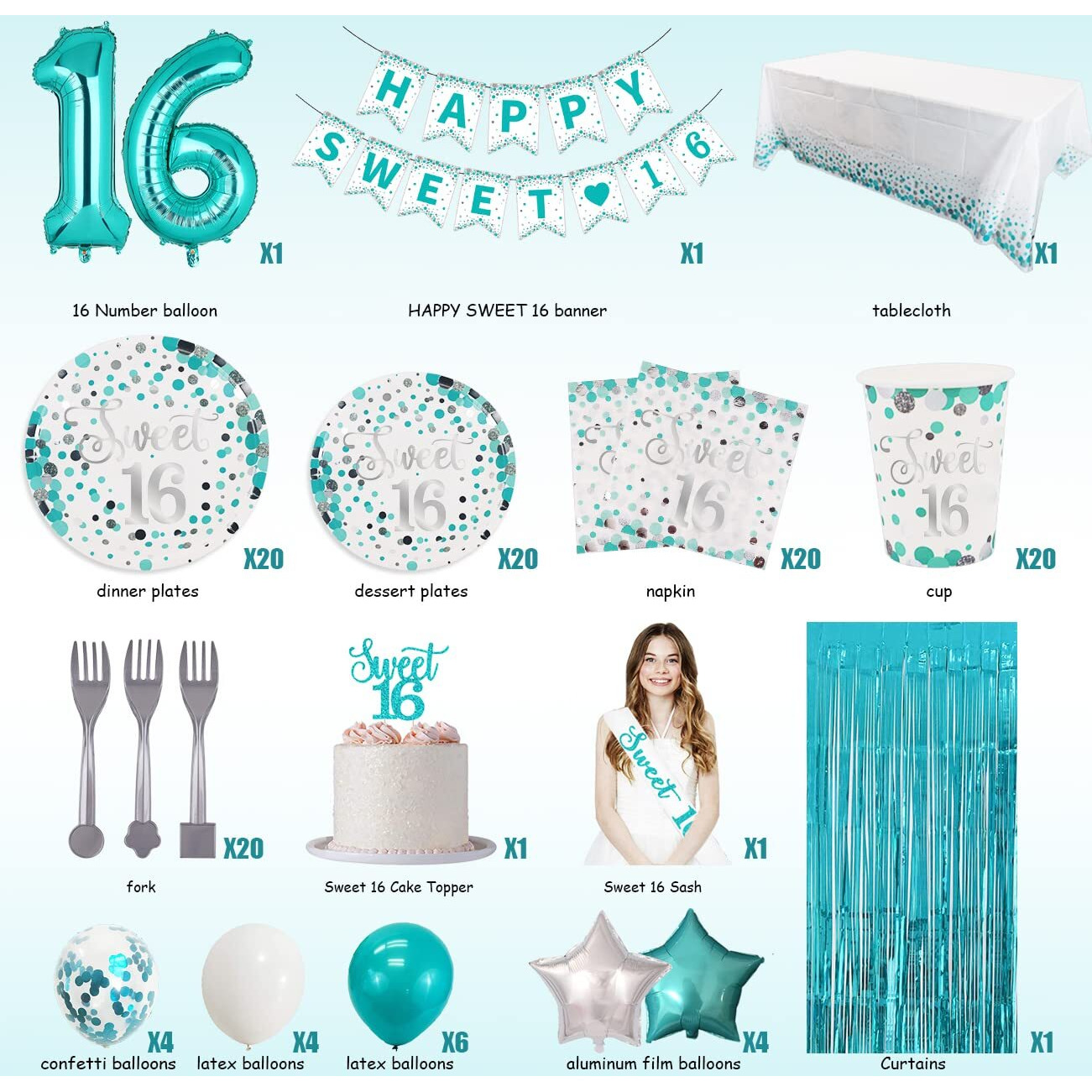 Sweet 16 Party Decorations- Teal Sweet 16 Plates And Napkins Party Supplies For 20 Guests,Teal Blue Balloons,Sweet 16 Birthday Sash And Caketopper,Turquoise Blue Metalic Curtains And Tablecover
