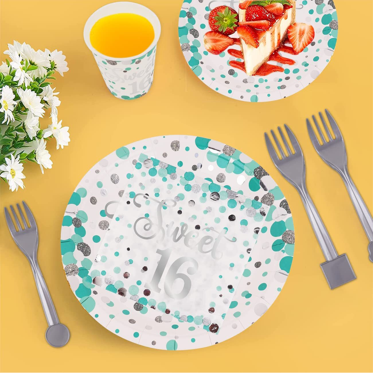 Sweet 16 Party Decorations- Teal Sweet 16 Plates And Napkins Party Supplies For 20 Guests,Teal Blue Balloons,Sweet 16 Birthday Sash And Caketopper,Turquoise Blue Metalic Curtains And Tablecover