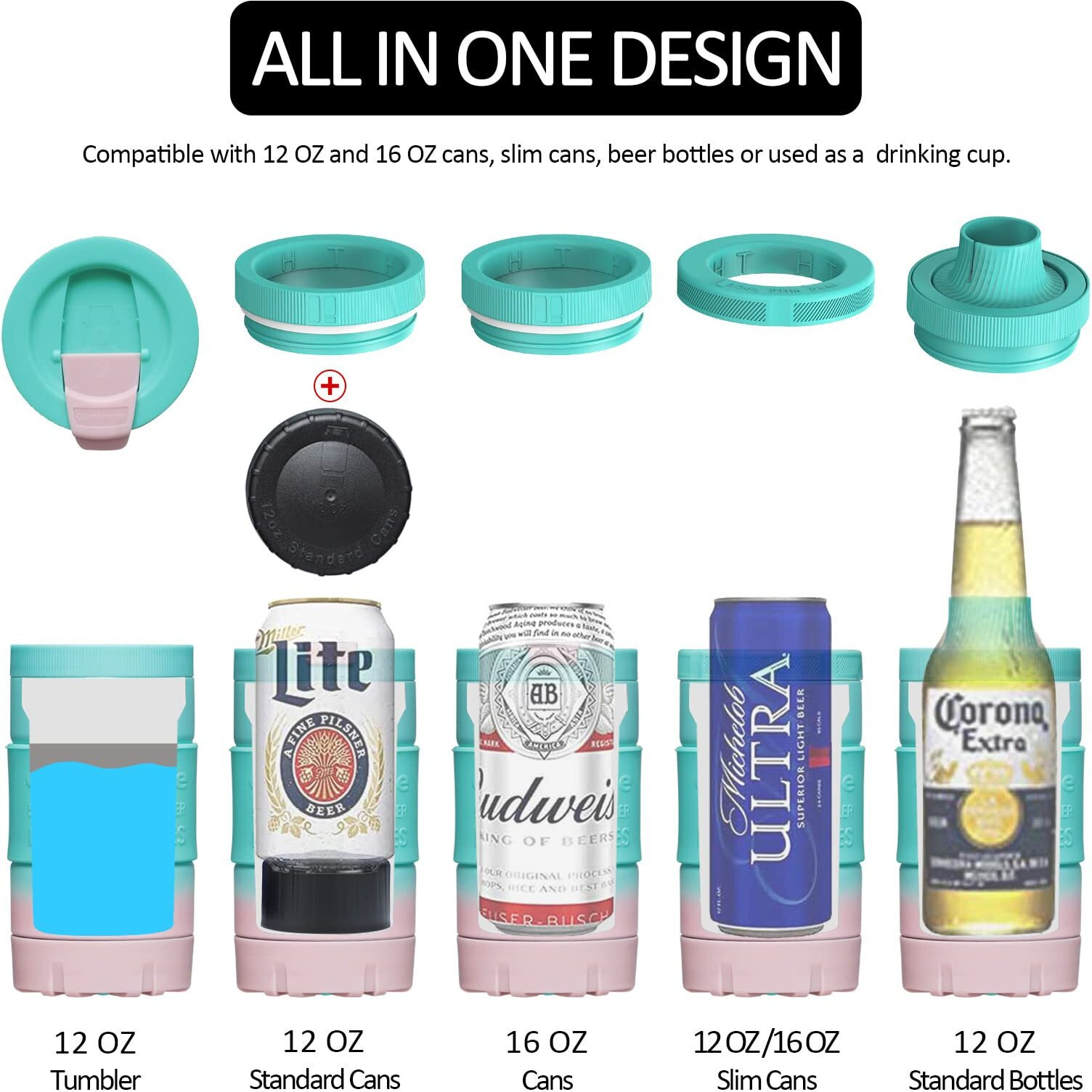 Ourokhome 5 In 1 Can Cooler, Stainless Steel Beverage Tumbler For 12 Oz & 16 Oz Slim And Regular Cans And Bottles, Leak Proof Drinks And Iced Coffee Cup, Mint And Pink