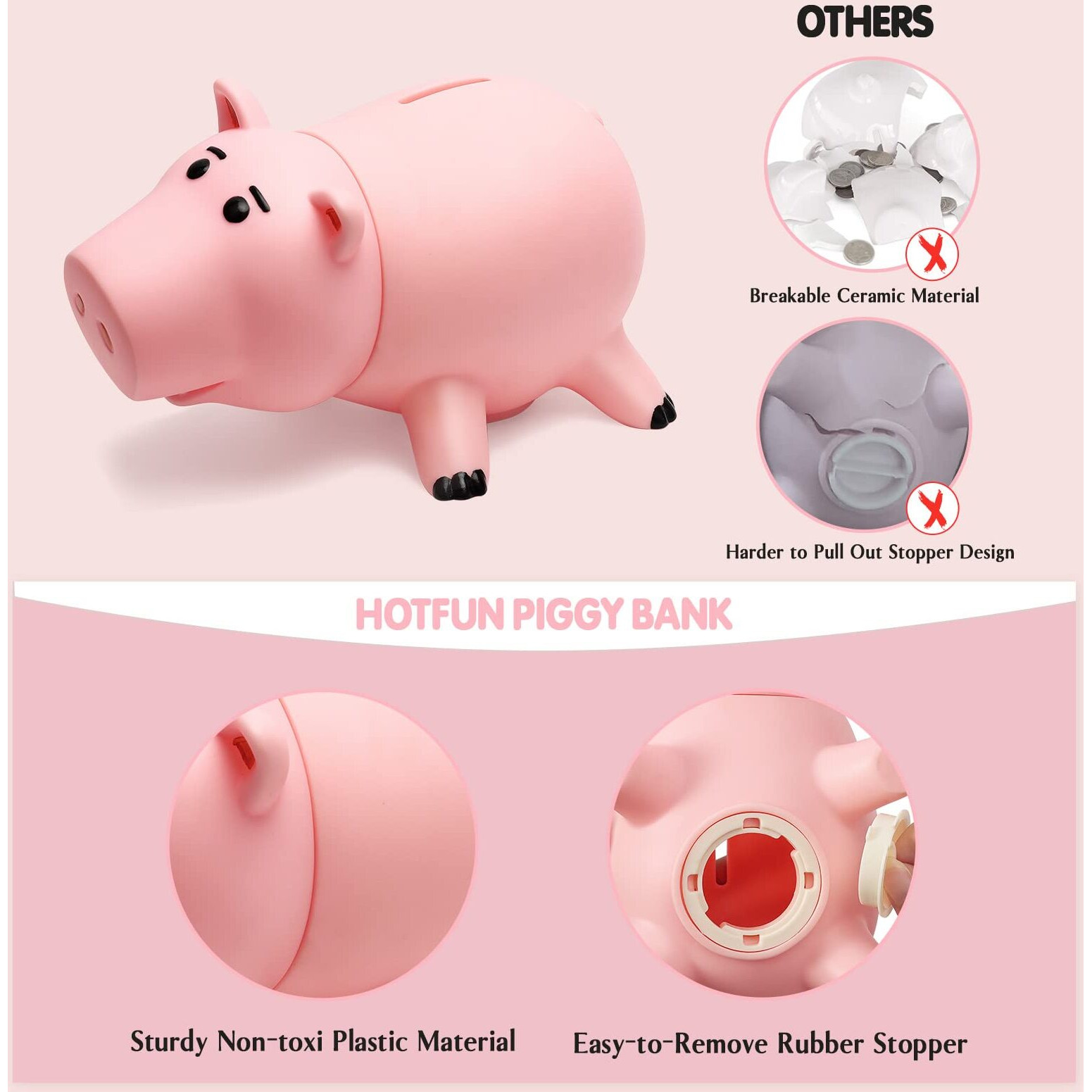 Piggy Bank, Cute Plastic Coin Bank For Boys And Girls, Unbreakable Pig Money Bank For Kids Gift (Pink)