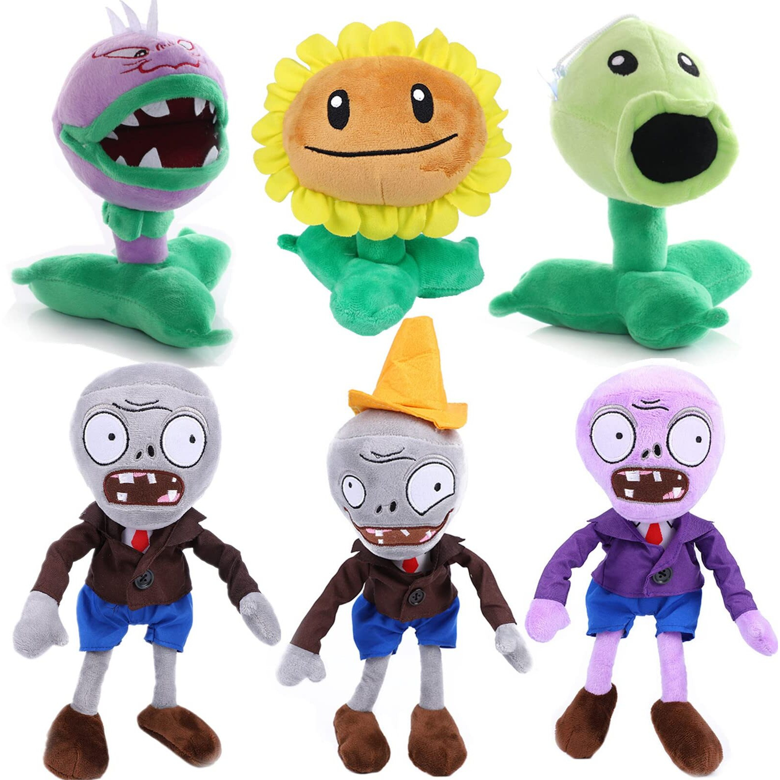 Jhesao 6 Pcs Plants And Zombies Pvz Plush Zombies Plants Sets Toy Peashooter Conehead Zombie, 1 2 Stuffed Soft Chomper Doll Gray Zombie, Sunflower Pvz Figure Doll Purple Zombie New