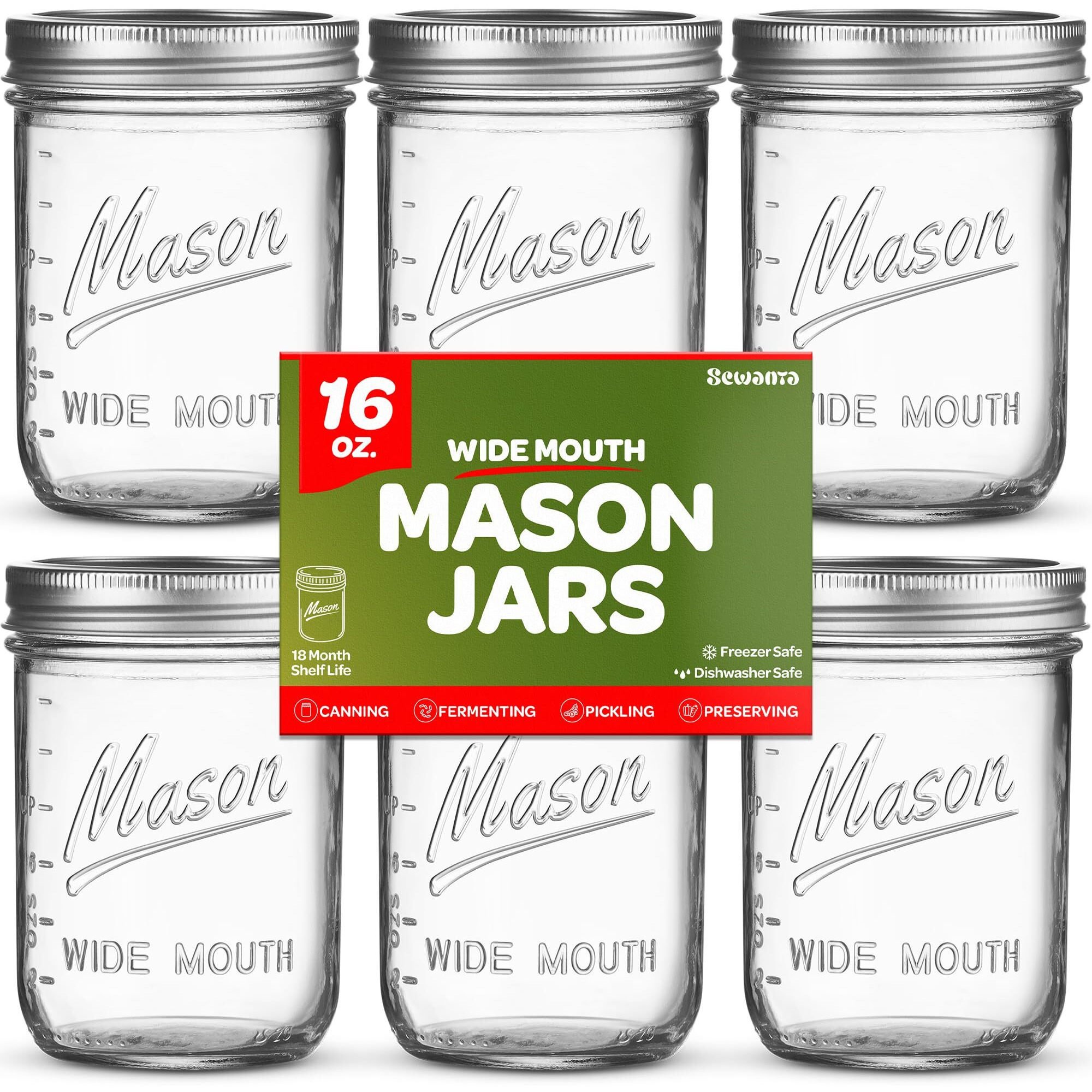 Sewanta Wide Mouth Mason Jars 16 Oz [5 Pack] With Mason Jar Lids And Bands, Mason Jars 16 Oz - For Canning, Fermenting, Pickling - Jar D  Cor - Microwave/Freeze/Dishwasher Safe.