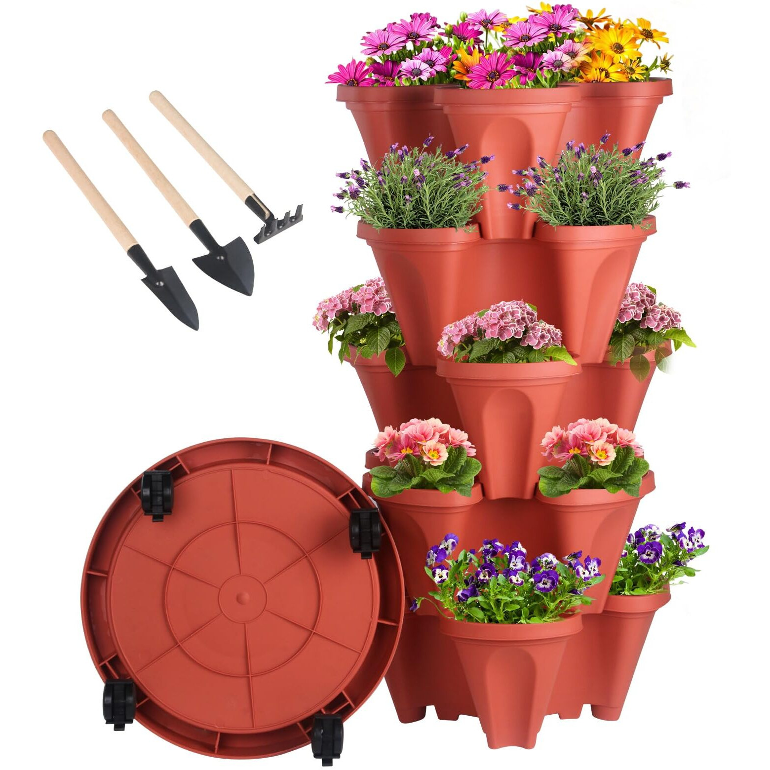 Vertical Planter 5 Tier Stackable Planters Garden Planters Strawberry Herb Flower And Vegetable Planter Indoor Outdoor Gardening Pots With Removable Wheels And Tools