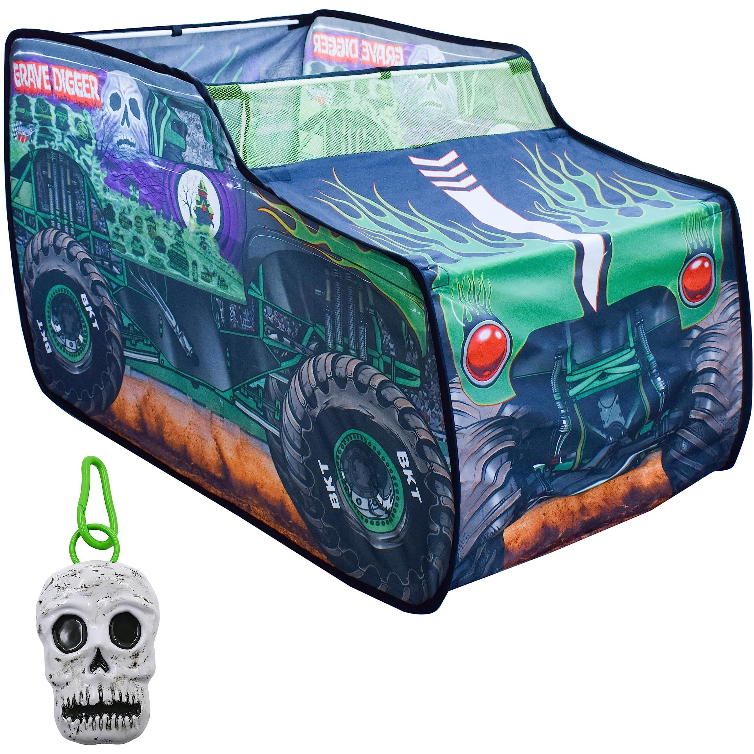 Monster Jam Grave Digger Pop Up Tent - Monster Truck Playhouse For Kids | Removable Skull Key Fob With Vehicle Sounds | Car Toys For Toddlers - Sunny Days Entertainment