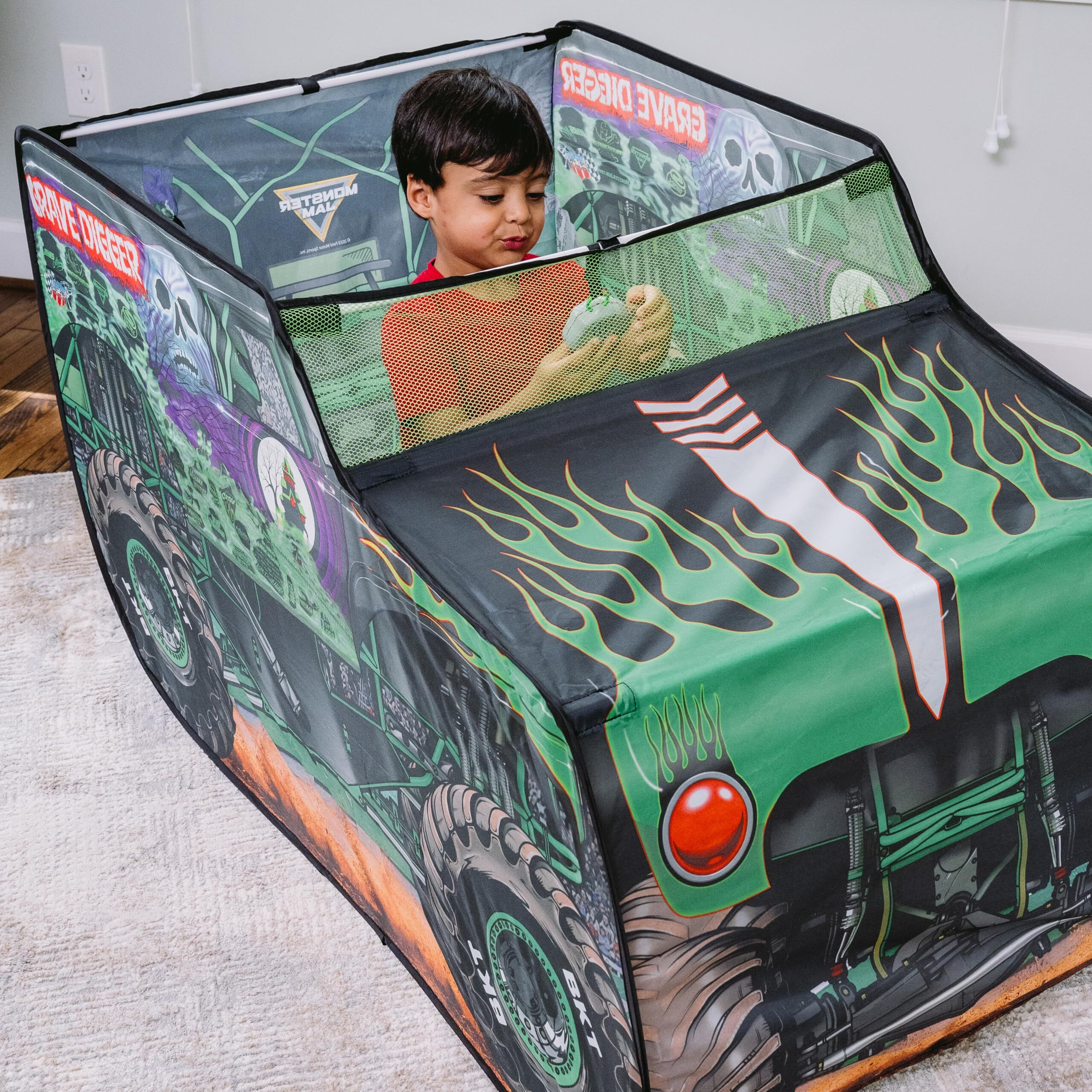 Monster Jam Grave Digger Pop Up Tent - Monster Truck Playhouse For Kids | Removable Skull Key Fob With Vehicle Sounds | Car Toys For Toddlers - Sunny Days Entertainment