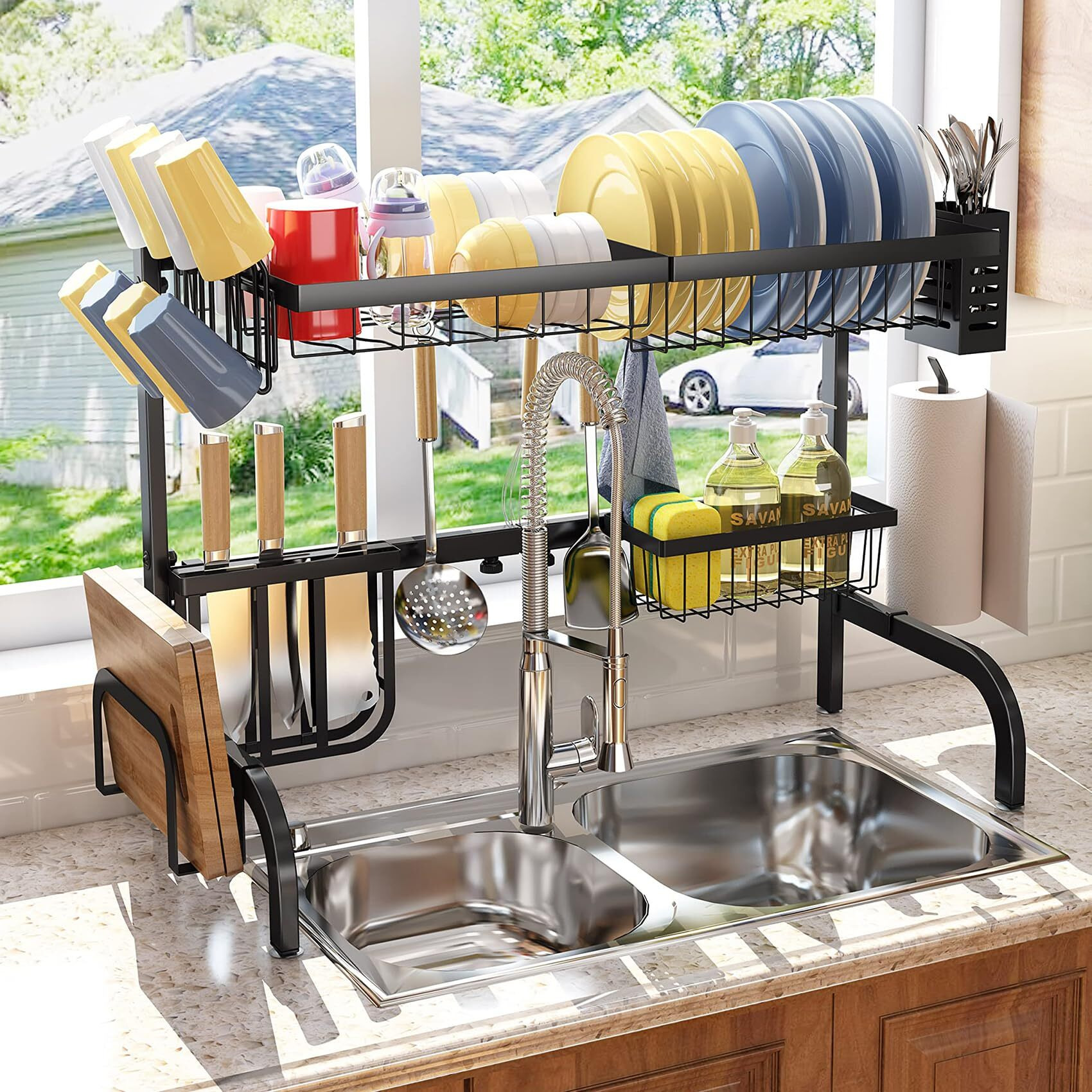 Over The Sink Dish Drying Rack, Adjustable (25.5 To 33.5 Inch) 2 Tier Metal Steel Dish Drying Racks For Kitchen Counter With Hooks Paper Towel Utensil Cup Holder Sink Caddy, Black