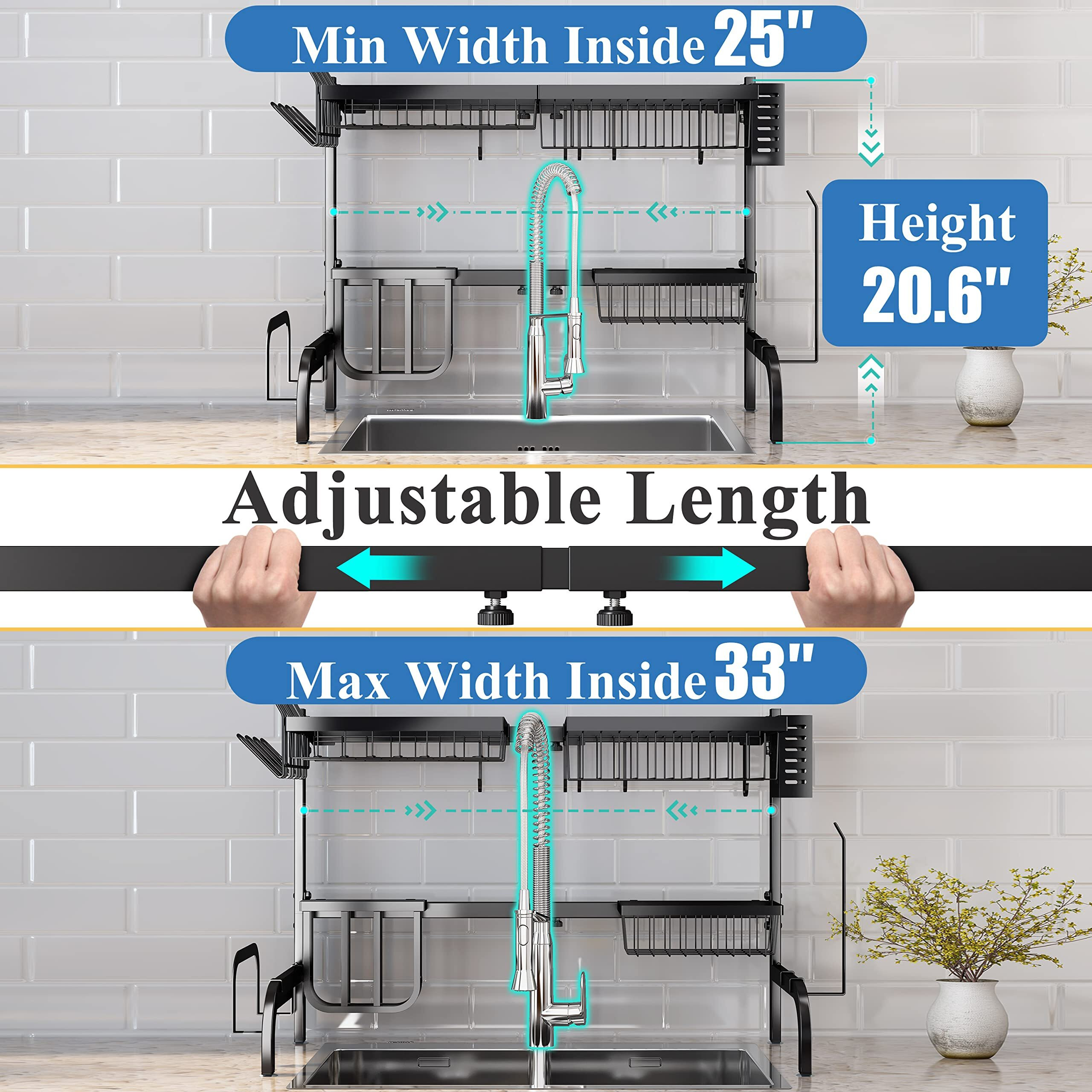 Over The Sink Dish Drying Rack, Adjustable (25.5 To 33.5 Inch) 2 Tier Metal Steel Dish Drying Racks For Kitchen Counter With Hooks Paper Towel Utensil Cup Holder Sink Caddy, Black
