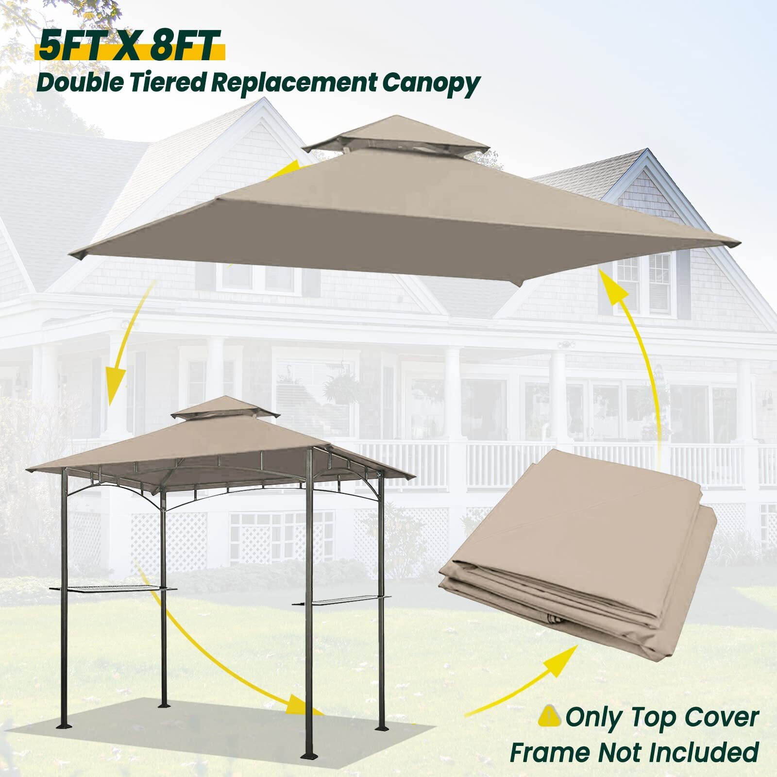 Olilawn Grill Gazebo Replacement Canopy Roof, 5' X 8' Outdoor Bbq Gazebo Canopy Top Cover, Double Tired Grill Shelter Cover With Durable Polyester Fabric, Fit For Model L-Gg001Pst-F, Beige
